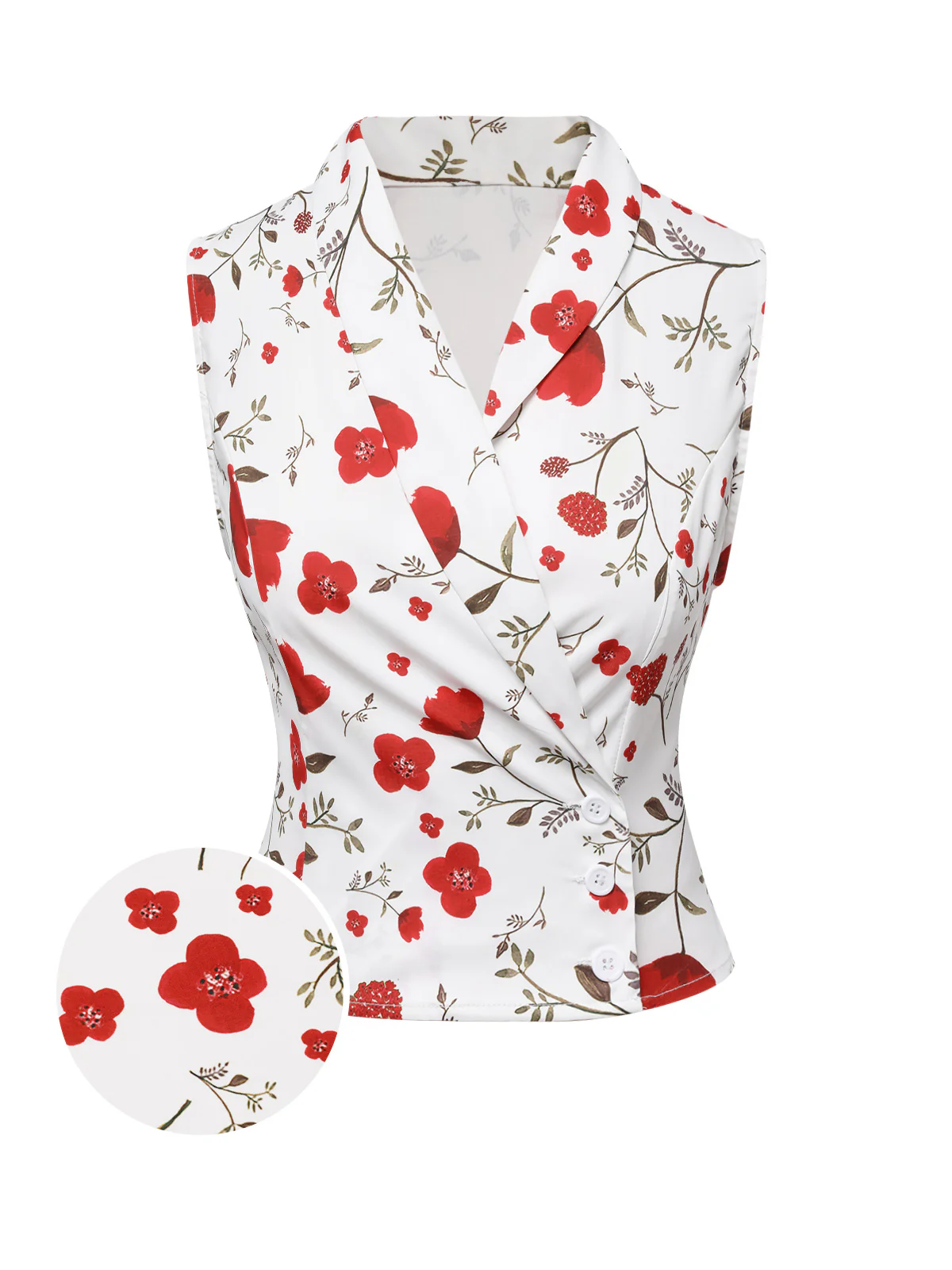 White 1930s Floral Asymmetric Lapel Top - Image 2