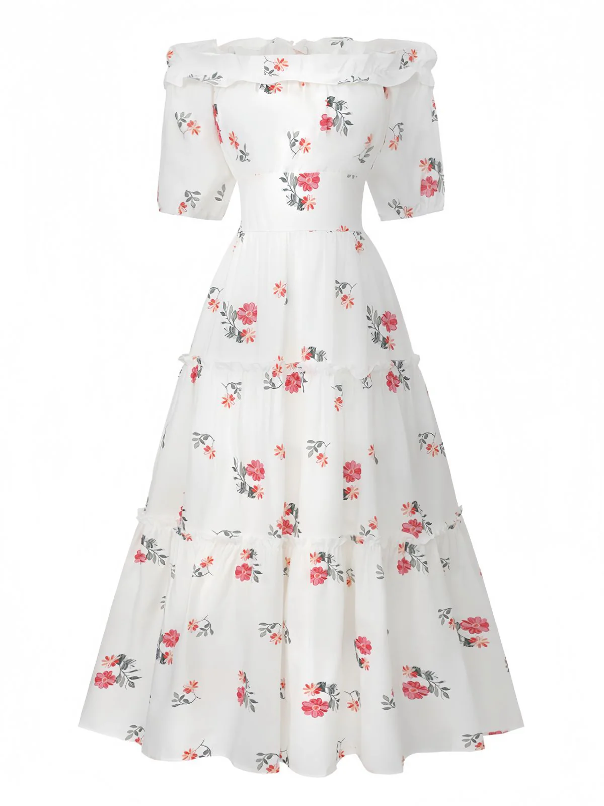 White 1930s Floral Ruffled Off-Shoulder Puff Dress - Image 2