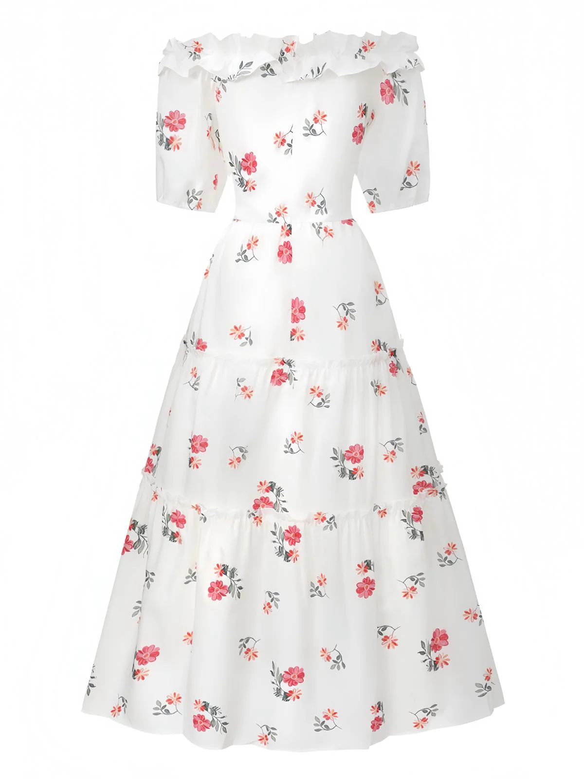 White 1930s Floral Ruffled Off-Shoulder Puff Dress - Image 3