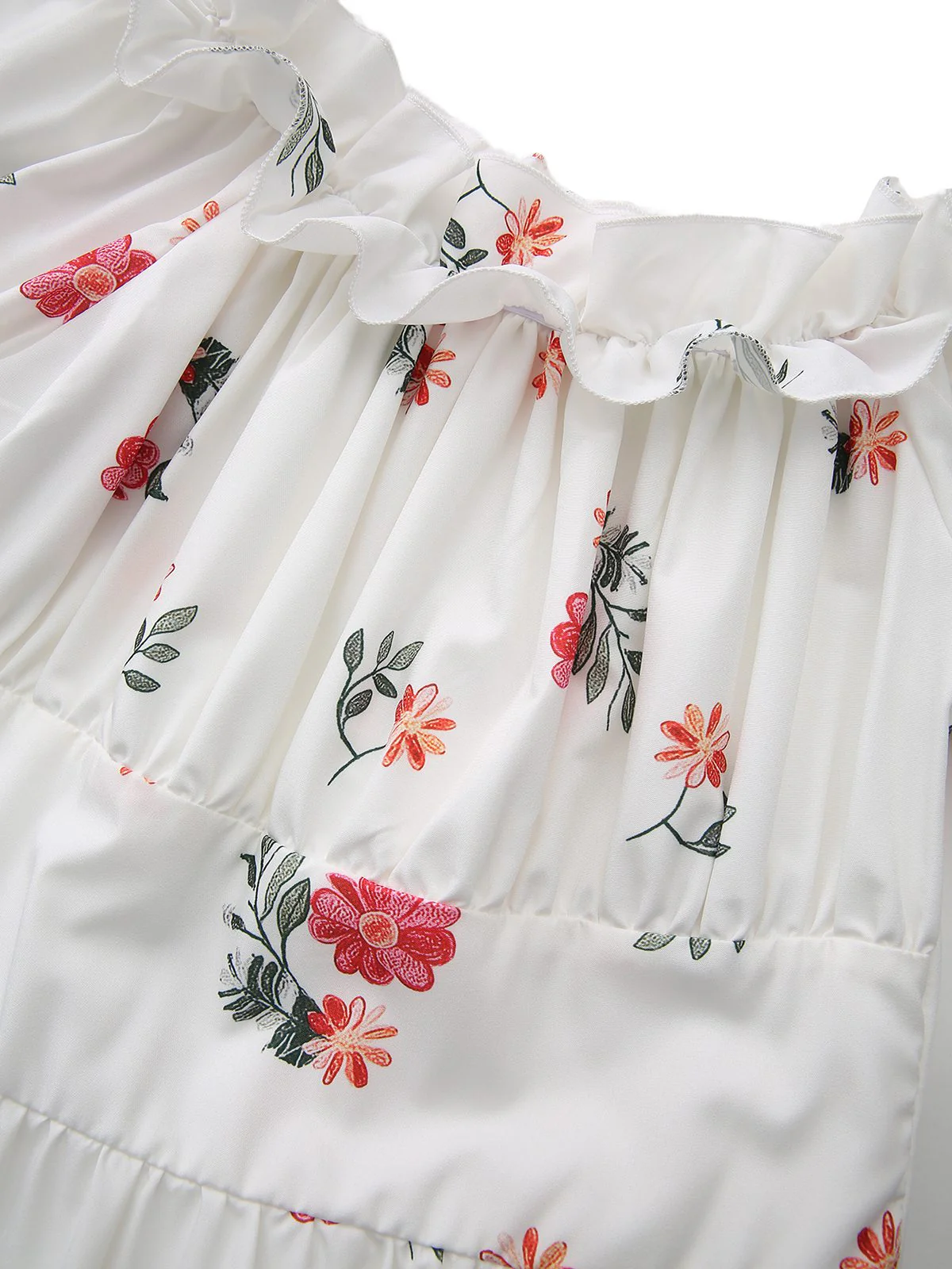 White 1930s Floral Ruffled Off-Shoulder Puff Dress - Image 5