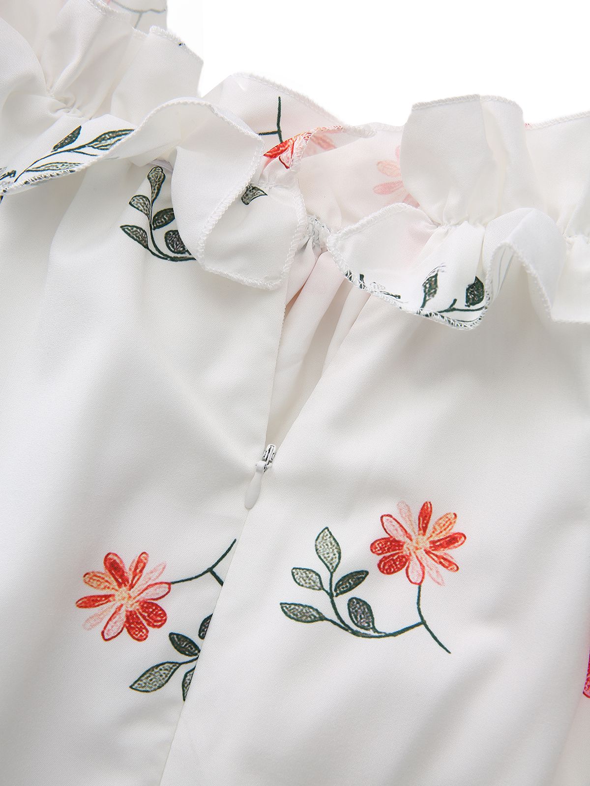 White 1930s Floral Ruffled Off-Shoulder Puff Dress - Image 6