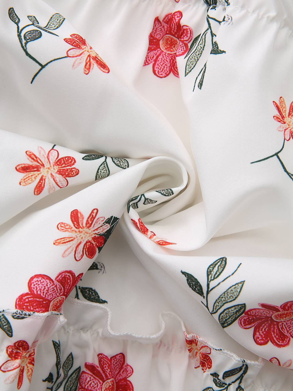 White 1930s Floral Ruffled Off-Shoulder Puff Dress - Image 8