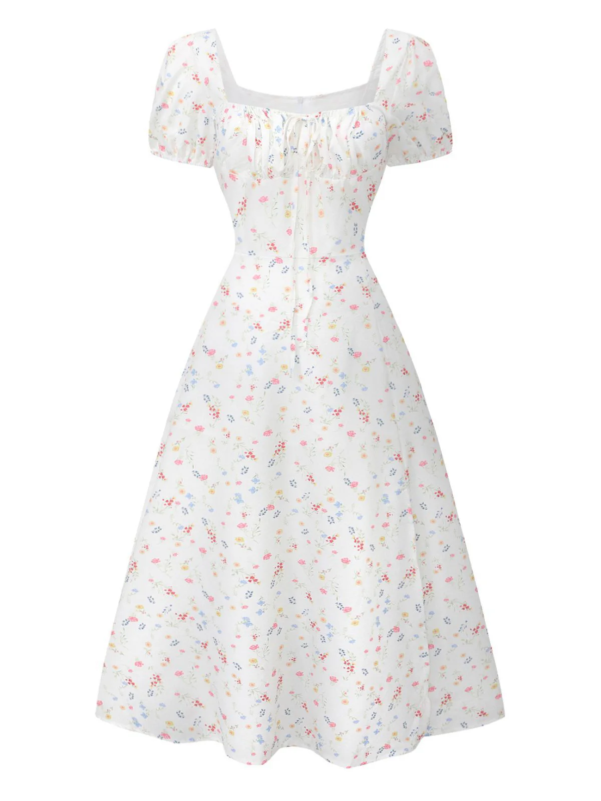White 1930s Floral Square Neck Puff Sleeve Dress - Image 2