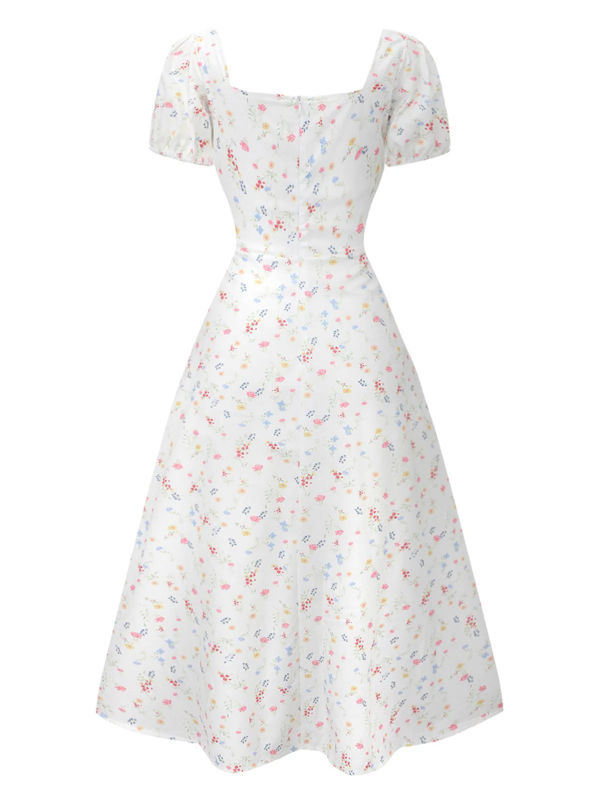 White 1930s Floral Square Neck Puff Sleeve Dress - Image 3