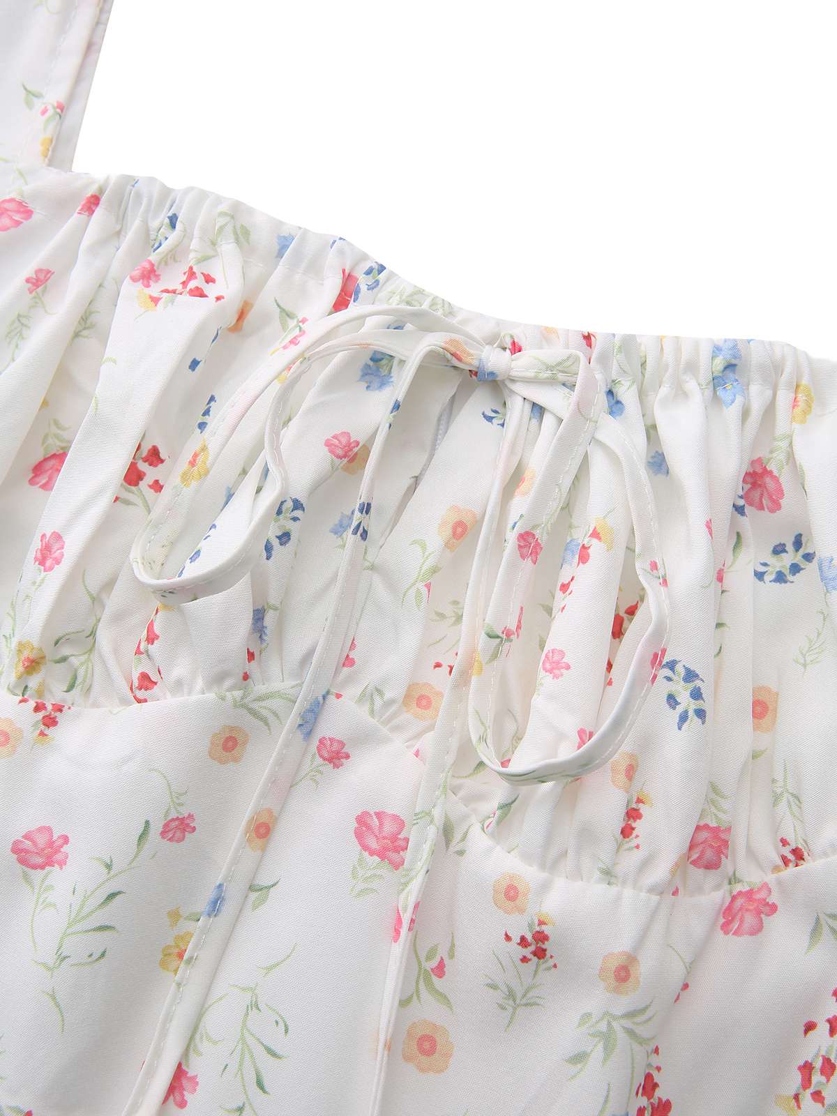 White 1930s Floral Square Neck Puff Sleeve Dress - Image 4