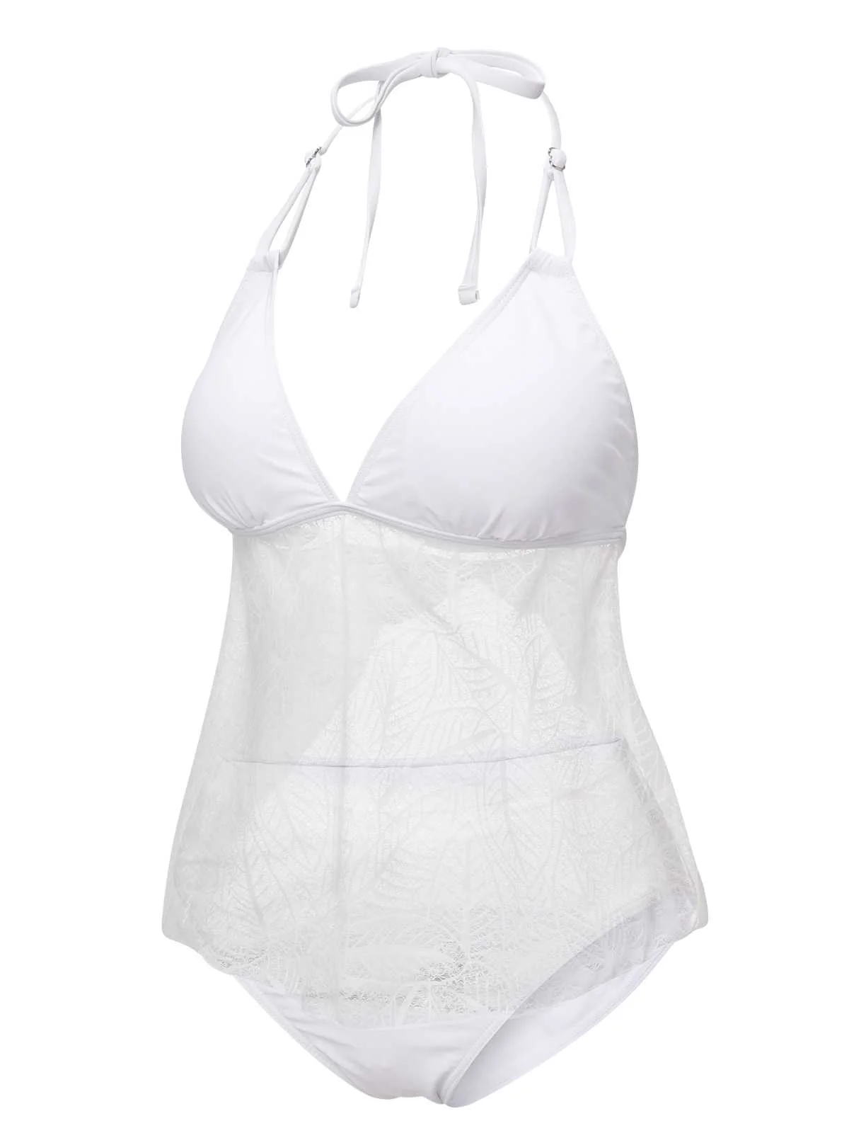 White 1930s Halter Backless Solid Swimsuit - Image 2