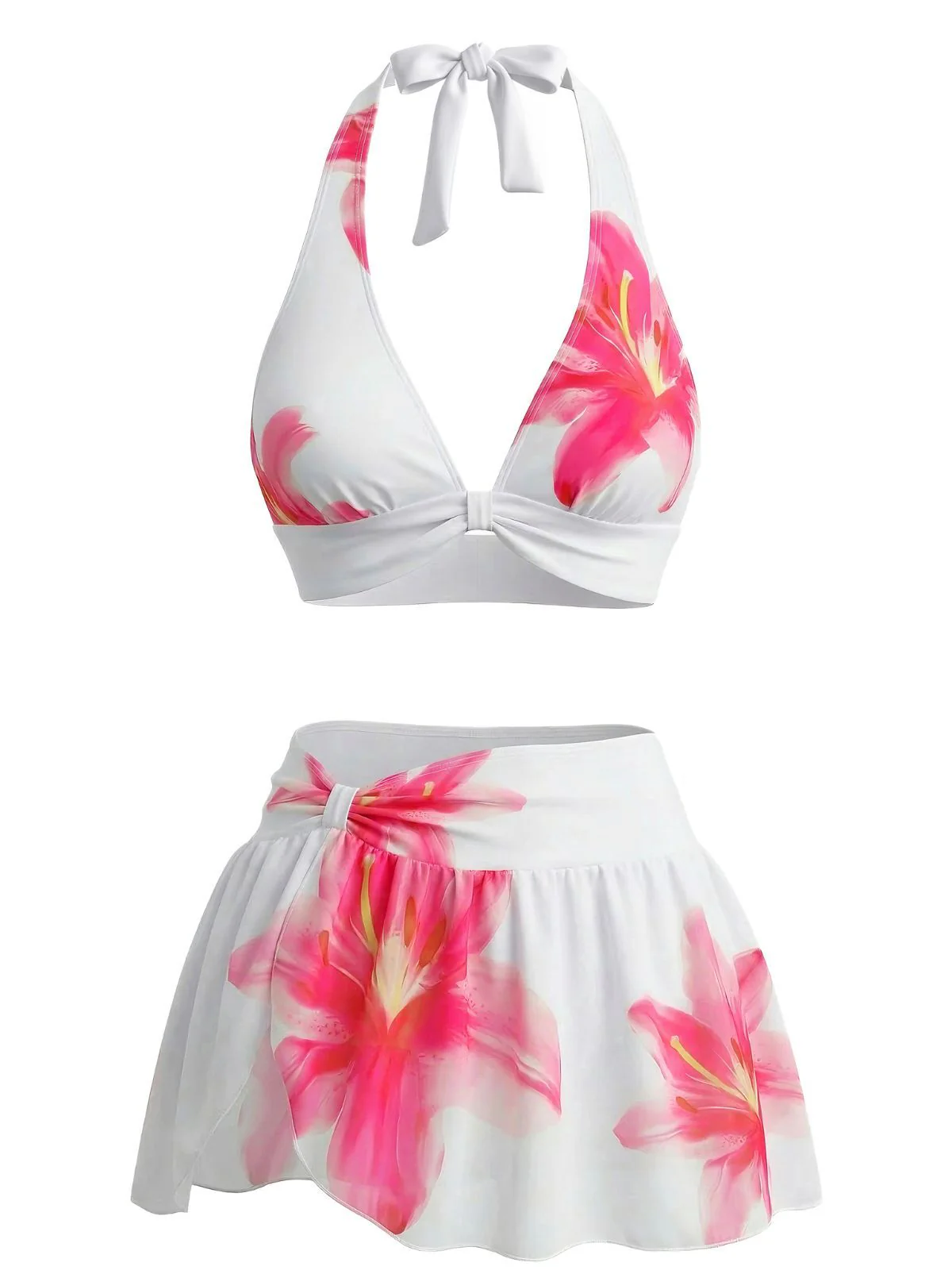 White 1930s Lily Floral Halter Wrap Mesh Skirt Bikini Set - Image 2