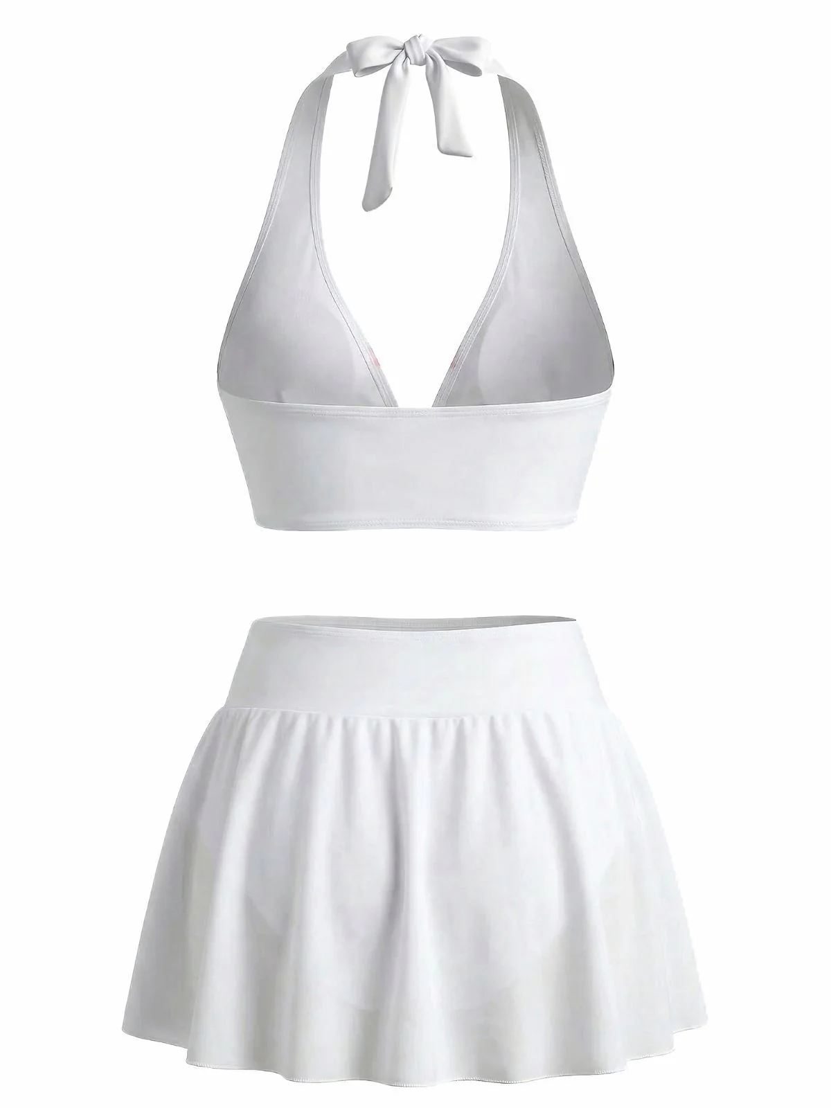 White 1930s Lily Floral Halter Wrap Mesh Skirt Bikini Set - Image 3