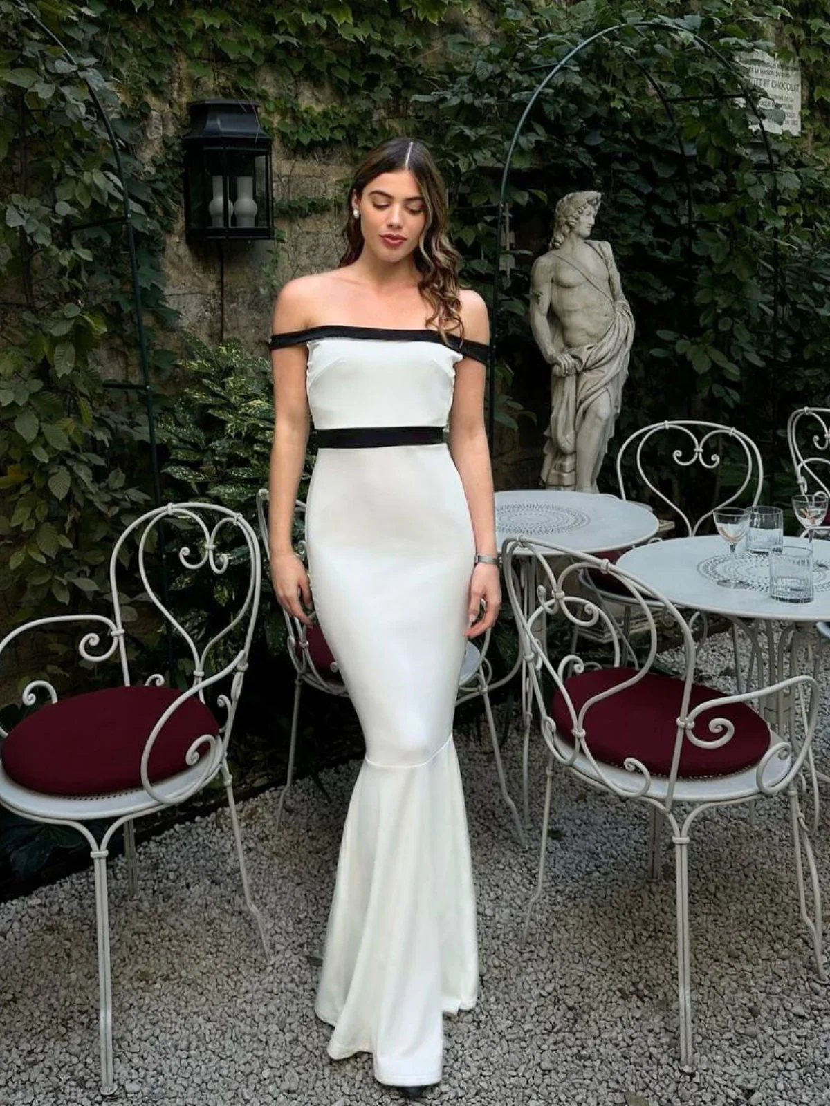 White 1930s Off-Shoulder Fishtail Dress - Image 2