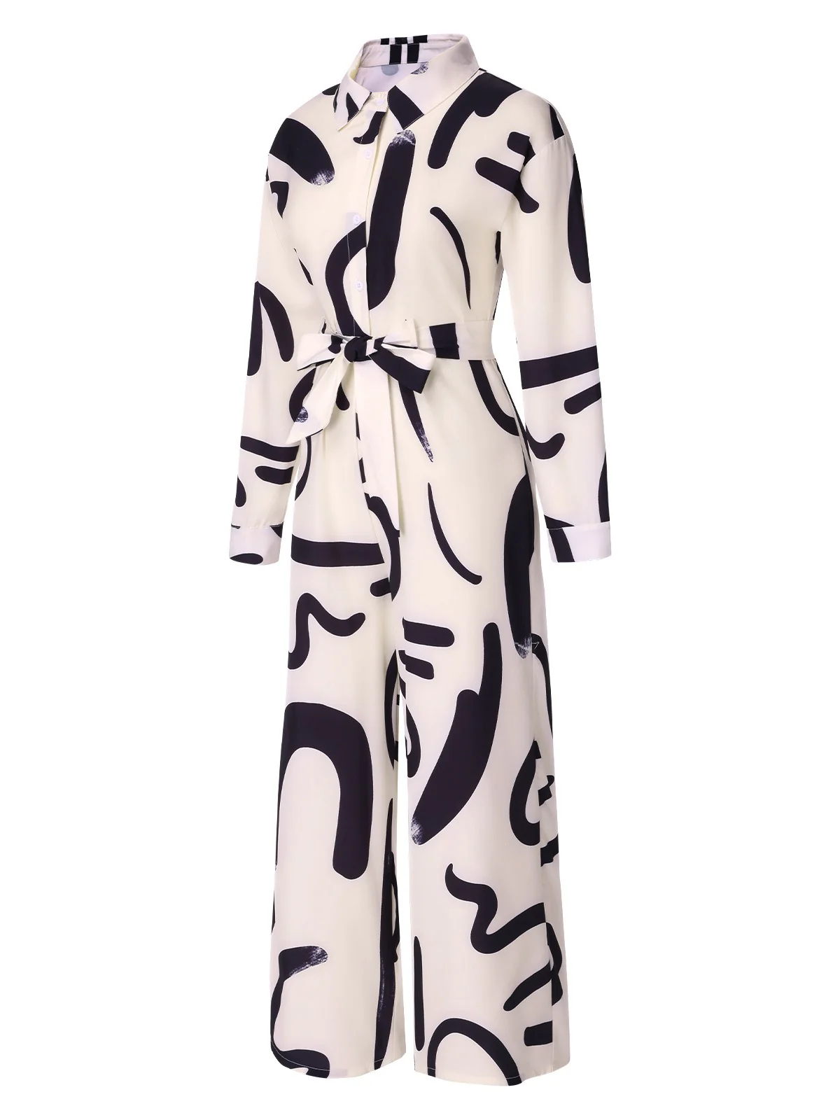 White 1930s Random Brush Ink Lapel Jumpsuit - Image 3