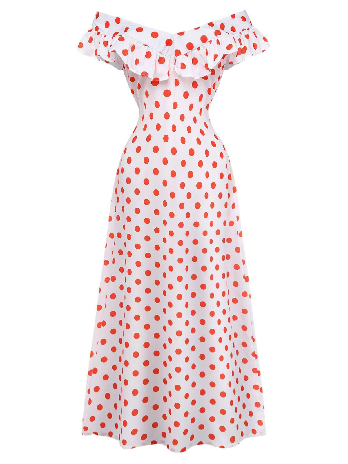 White 1930s Red Polka Dots Off-Shoulder Ruffle Maxi Dress - Image 2