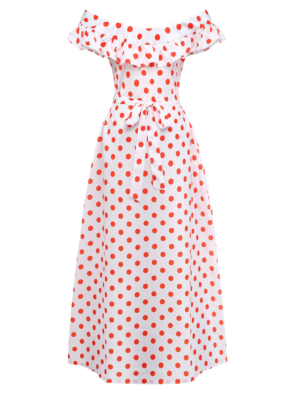 White 1930s Red Polka Dots Off-Shoulder Ruffle Maxi Dress - Image 3