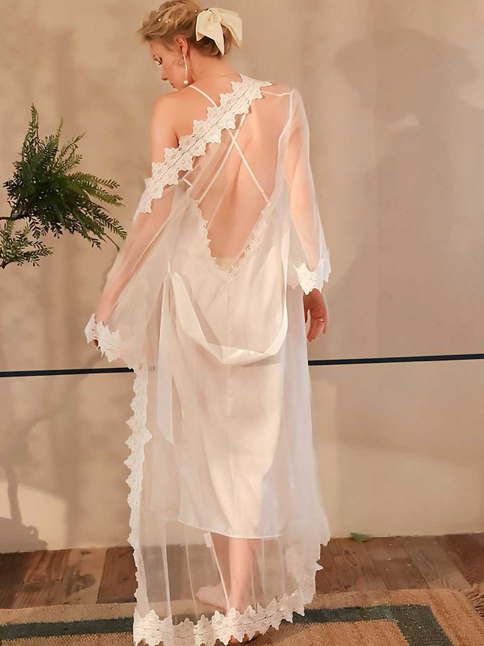 White 1930s Sheer Mesh Lace Nightdress Set - Image 3