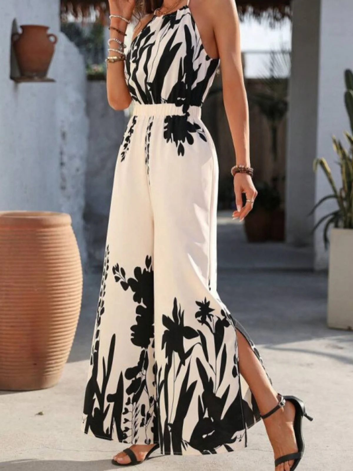 White 1930s Silhouette Plants Spaghetti Straps Jumpsuit - Image 2