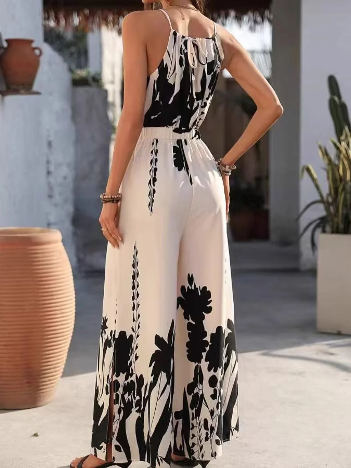 White 1930s Silhouette Plants Spaghetti Straps Jumpsuit - Image 3