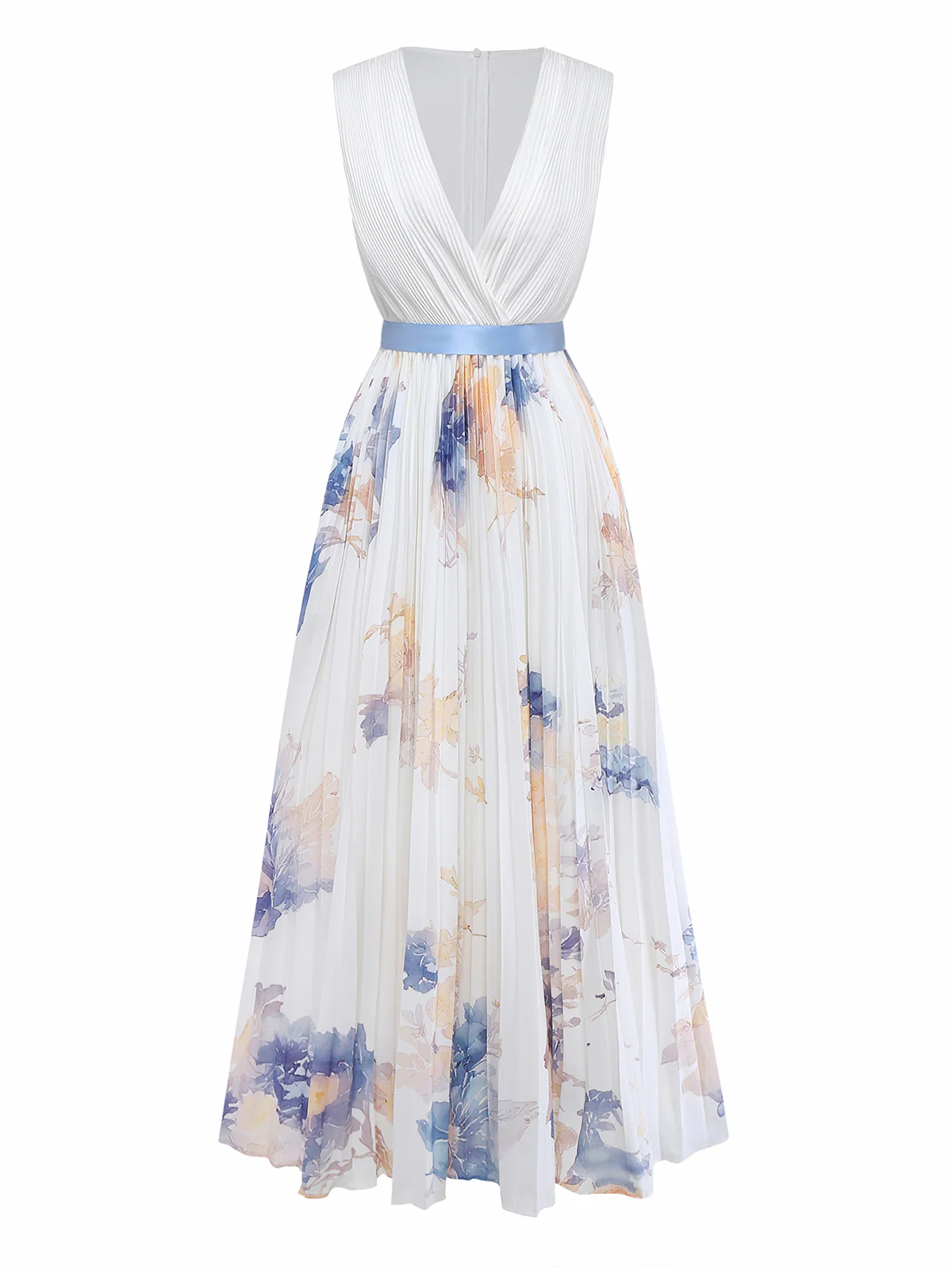 White 1930s Watercolor Floral Deep V Pleated Dress - Image 2
