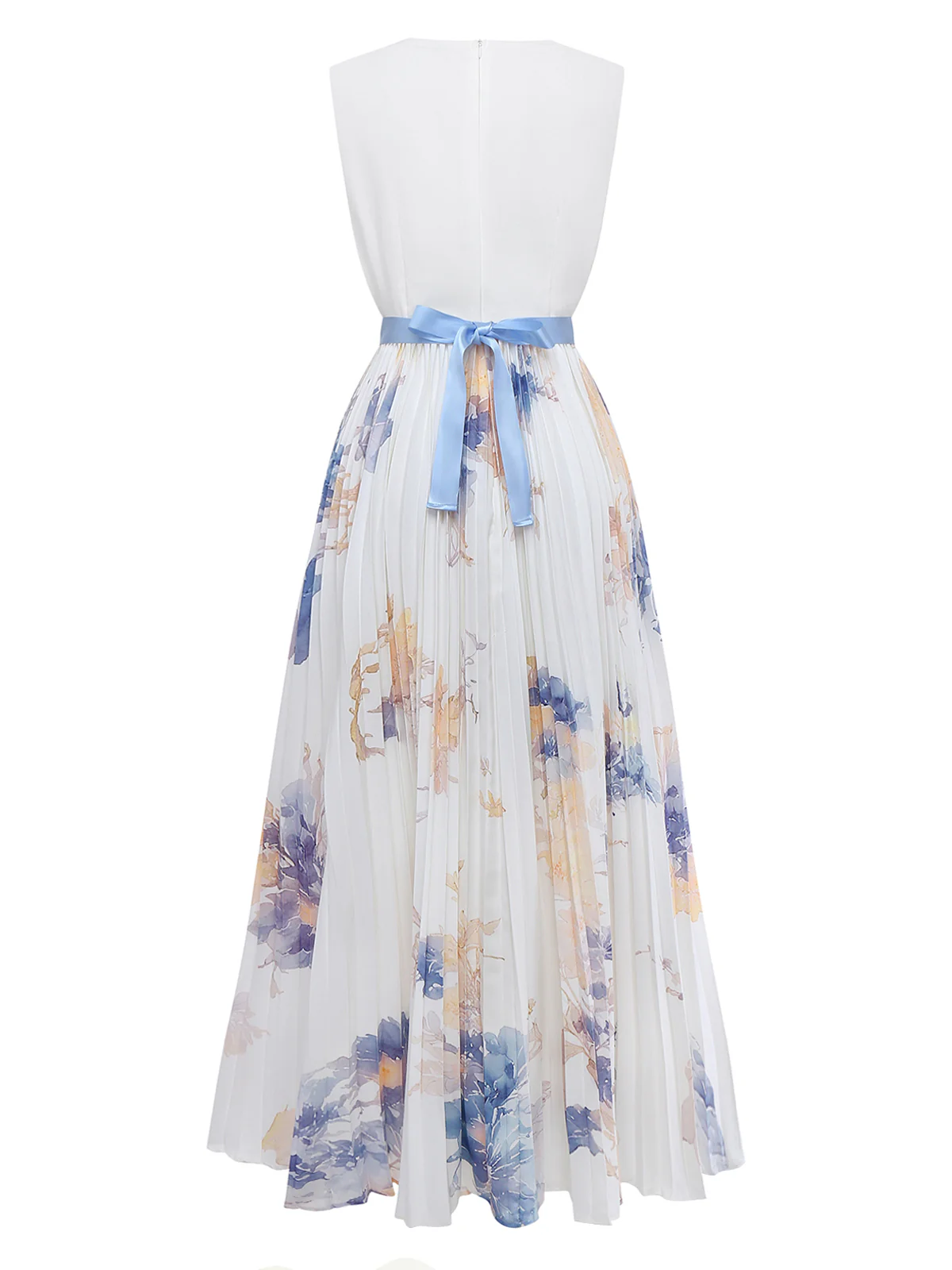White 1930s Watercolor Floral Deep V Pleated Dress - Image 3