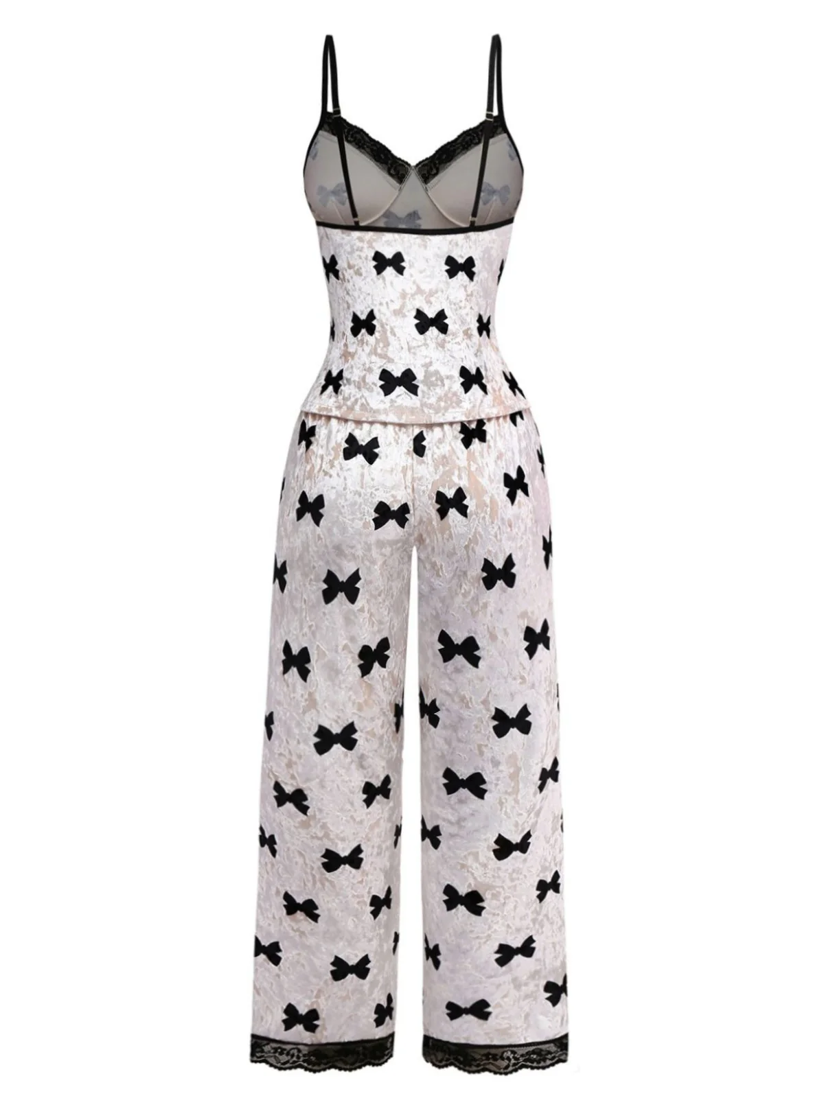 White 1940s Bow Print Velvet Pajama Set - Image 2