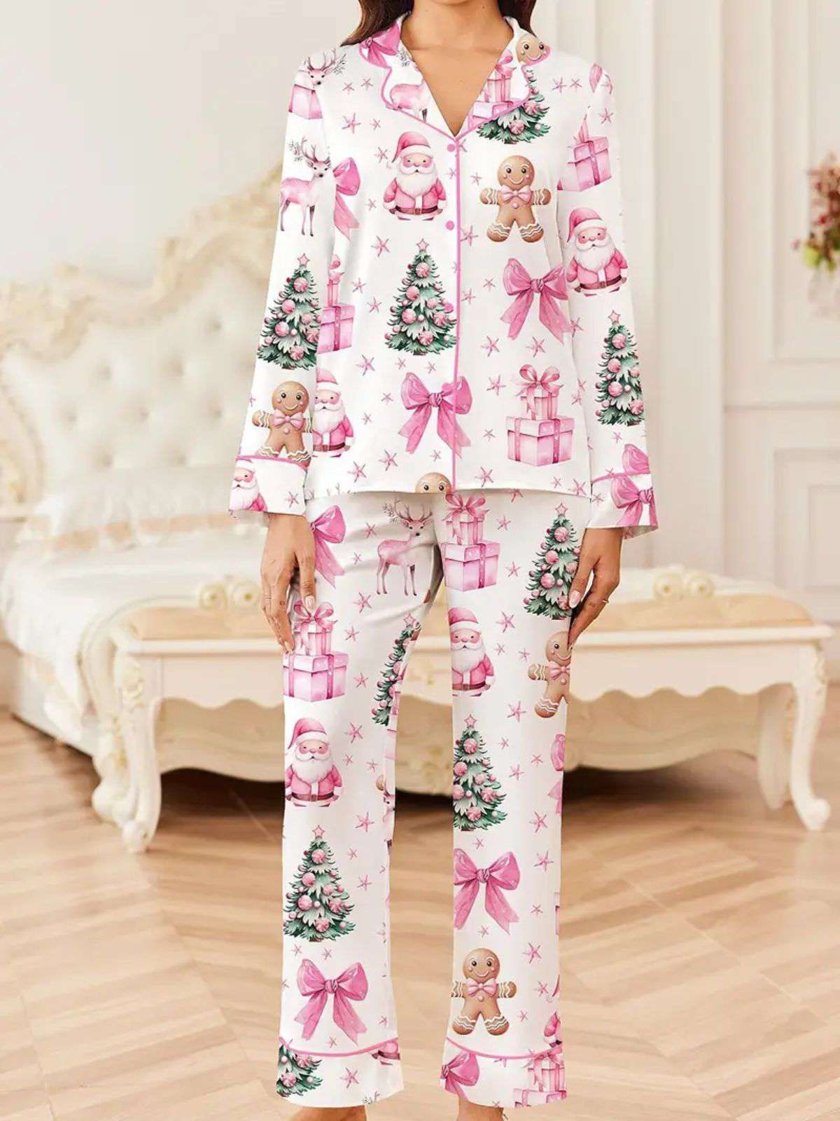 White 1940s Christmas Candy Canes Pajama Set - Image 3