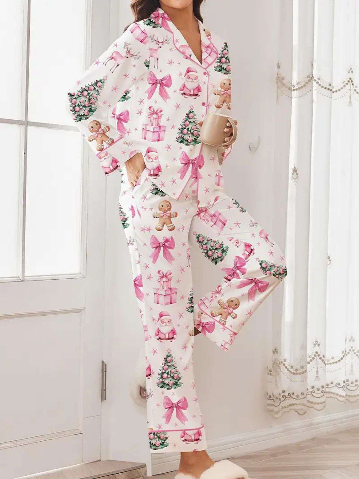 White 1940s Christmas Candy Canes Pajama Set - Image 4