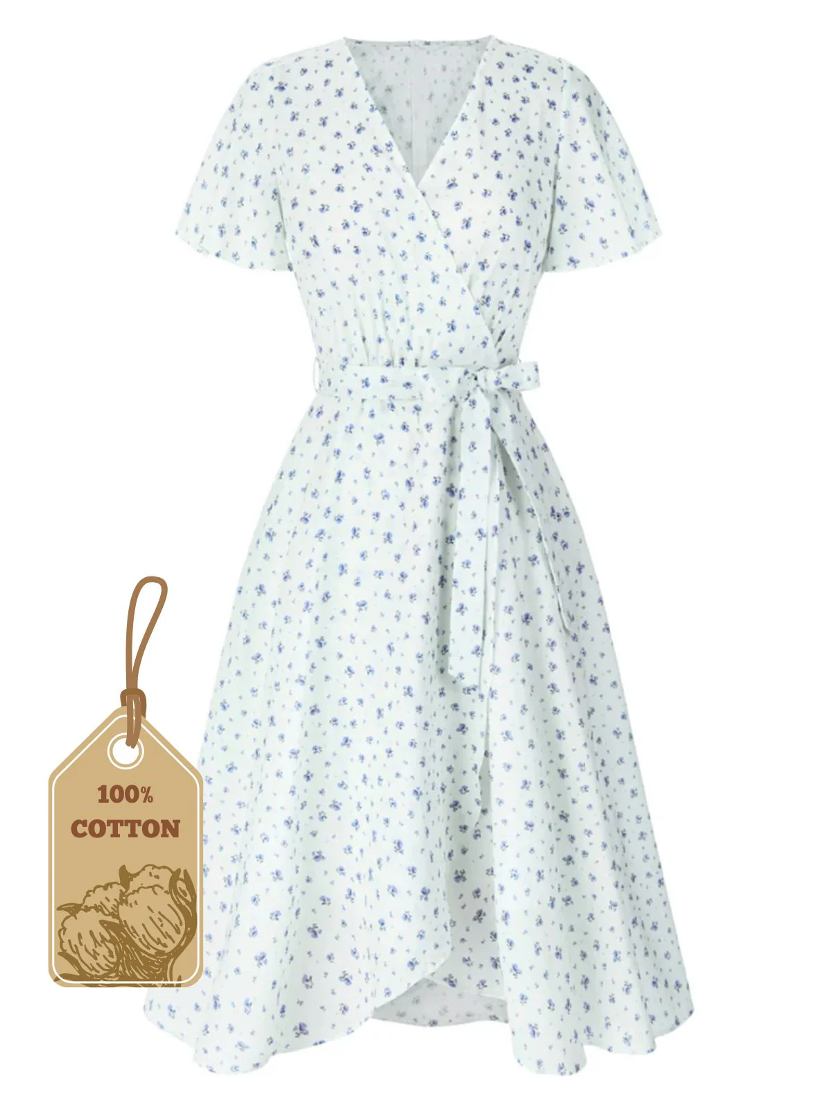 White 1940s Cotton Slanted Tie Floral Dress - Image 2