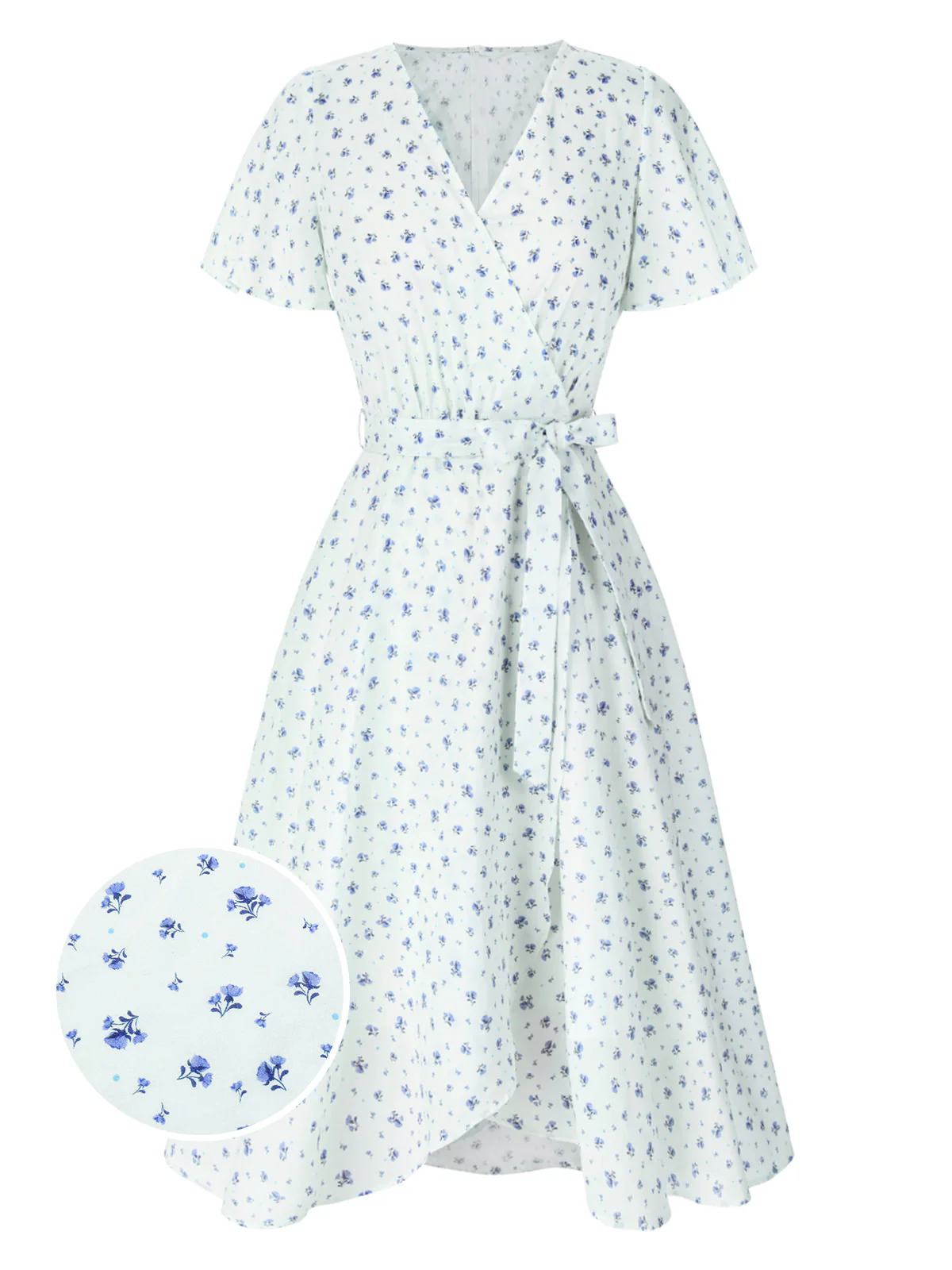 White 1940s Cotton Slanted Tie Floral Dress - Image 3