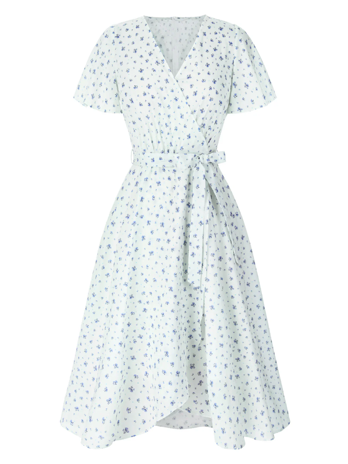 White 1940s Cotton Slanted Tie Floral Dress - Image 4