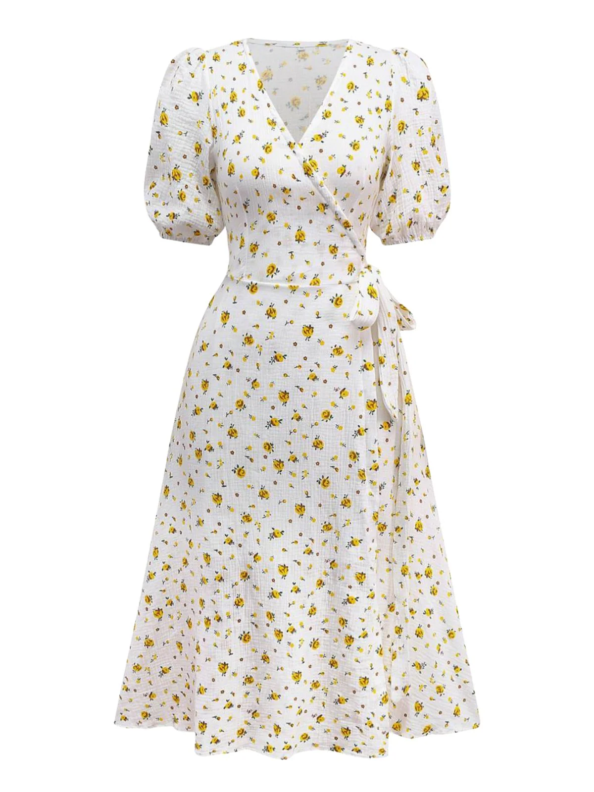 White 1940s Ditsy Floral Cotton Wrap Dress - Image 2
