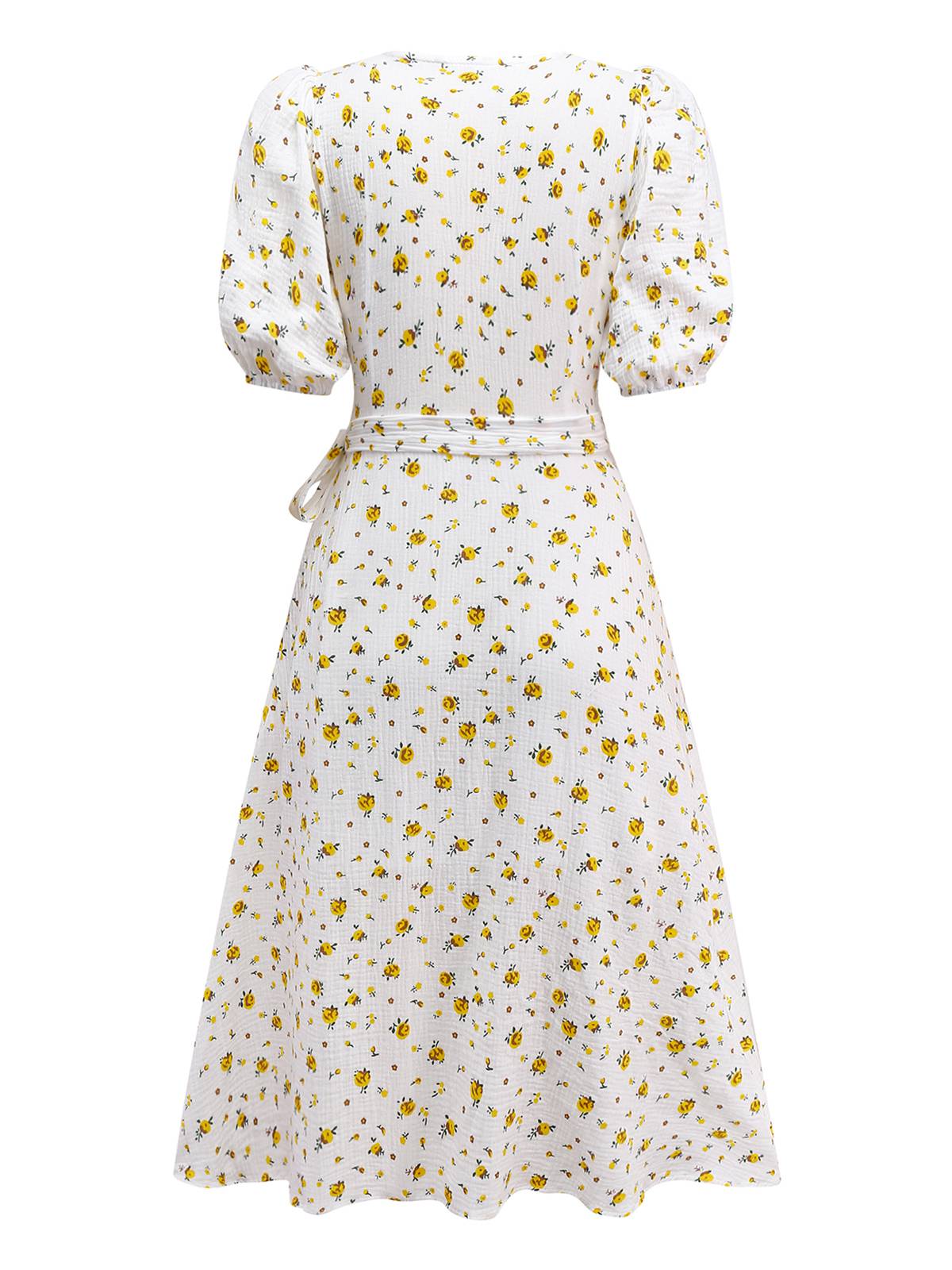 White 1940s Ditsy Floral Cotton Wrap Dress - Image 3