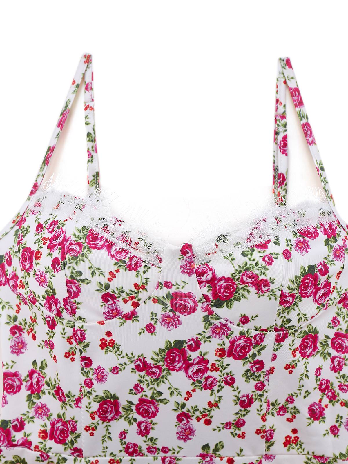 White 1940s Ditsy Floral Rose Slit Slip Dress - Image 3