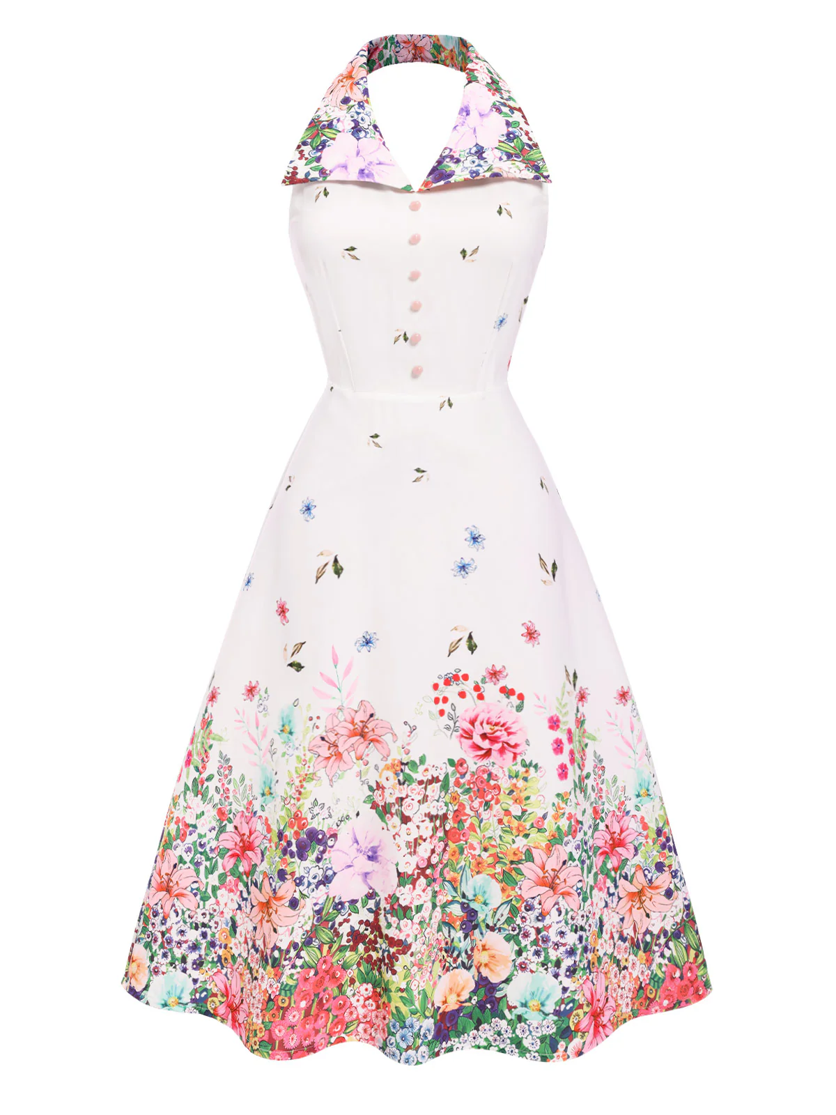 White 1940s Floral Lapel Patchwork Dress - Image 2