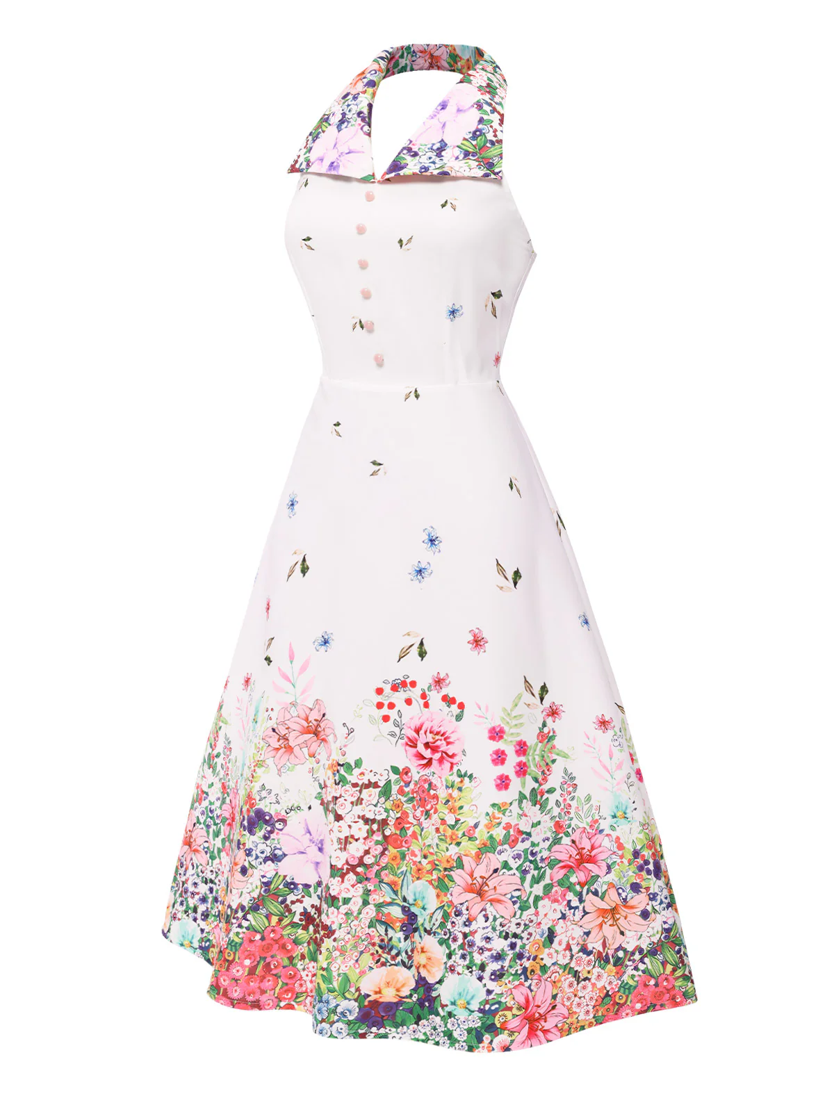 White 1940s Floral Lapel Patchwork Dress - Image 3