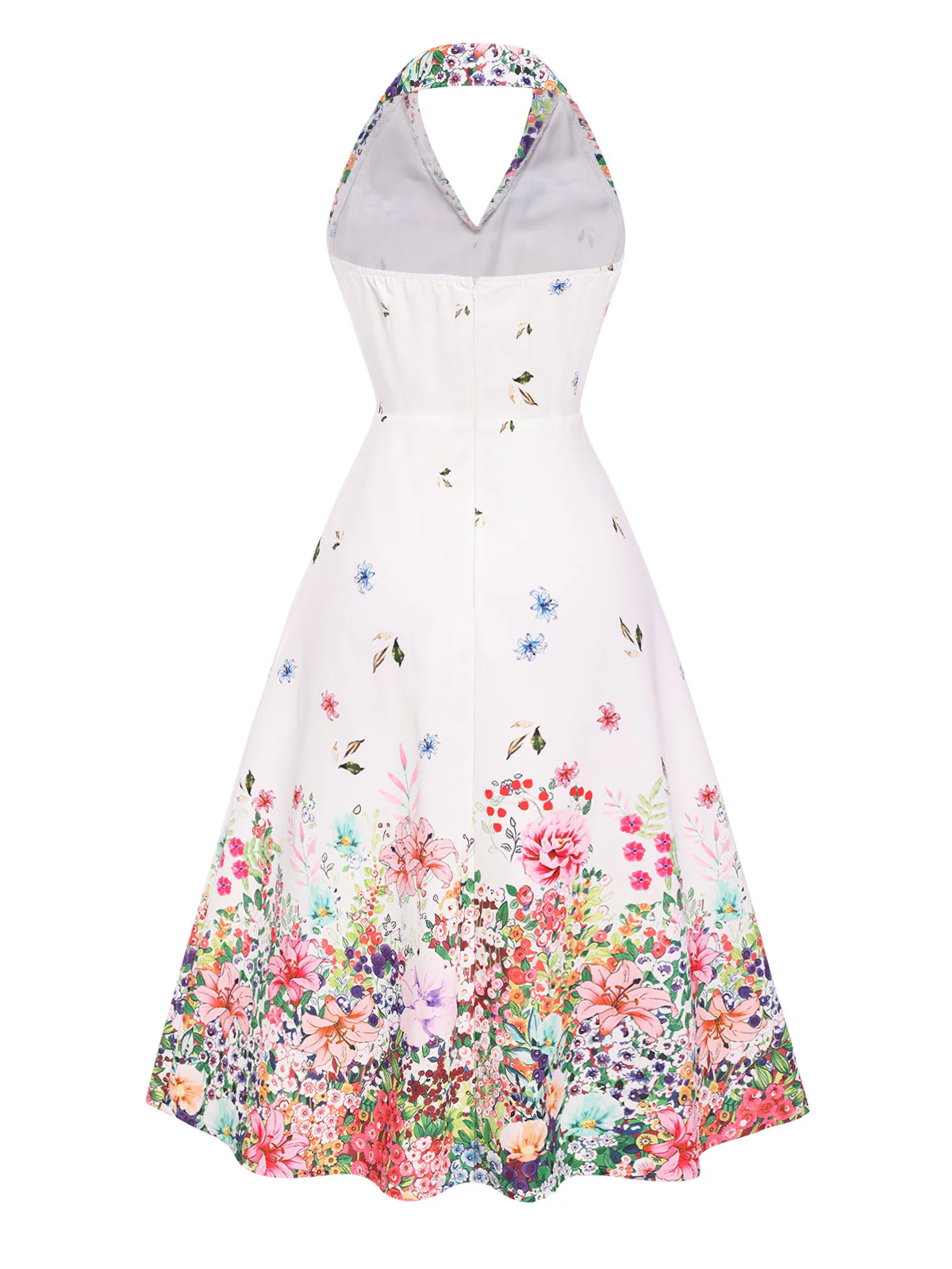 White 1940s Floral Lapel Patchwork Dress - Image 4