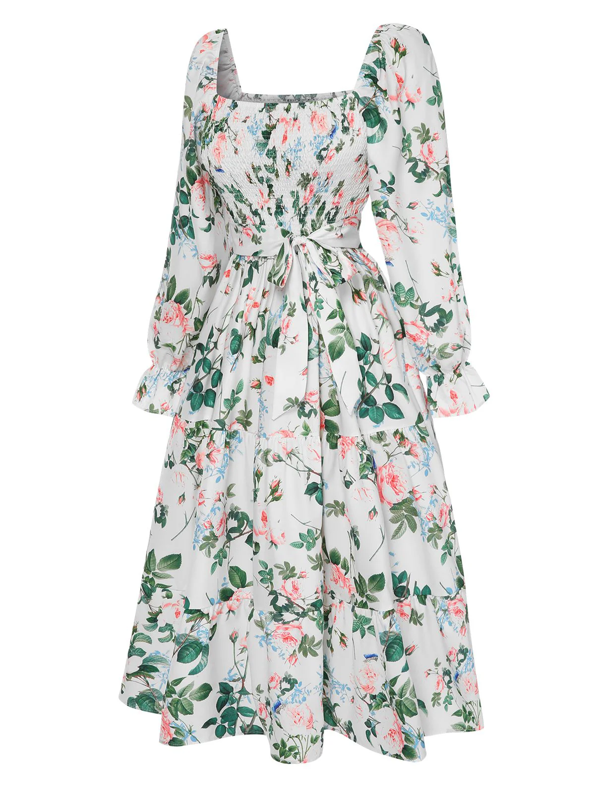 White 1940s Floral Pleated Belt Dress - Image 3