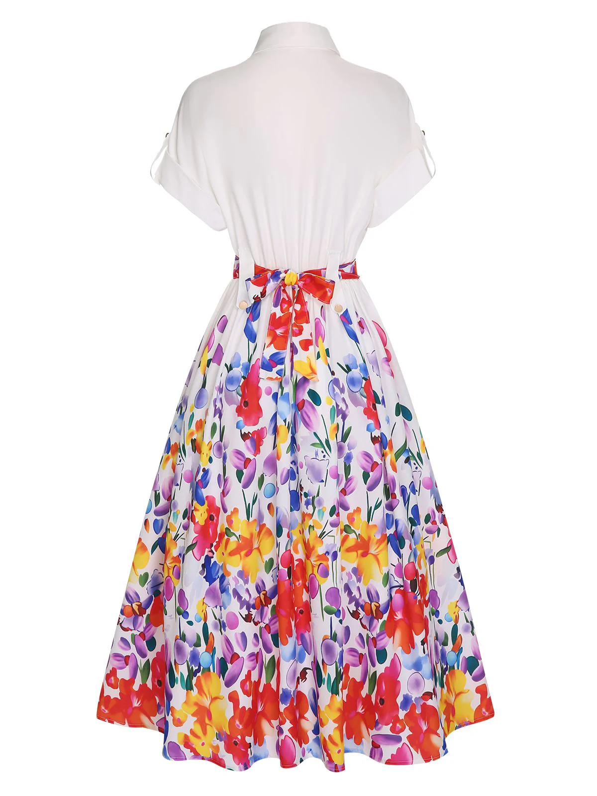White 1940s Floral Shirt Collar Belt Dress - Image 2