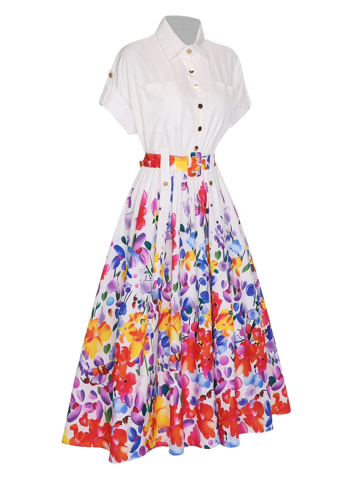 White 1940s Floral Shirt Collar Belt Dress - Image 3