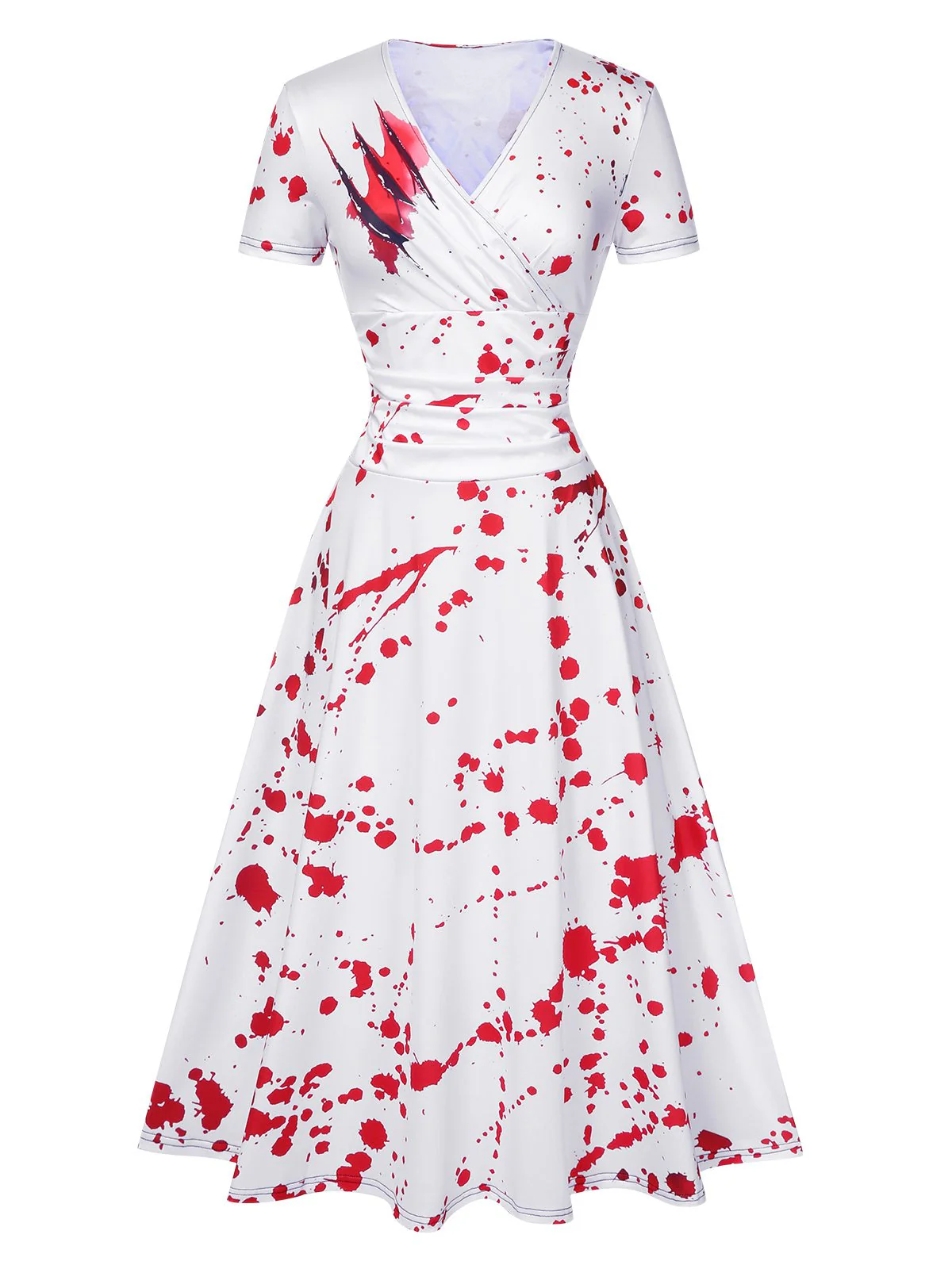 White 1940s Halloween Bloodstains V-Neck Dress - Image 2