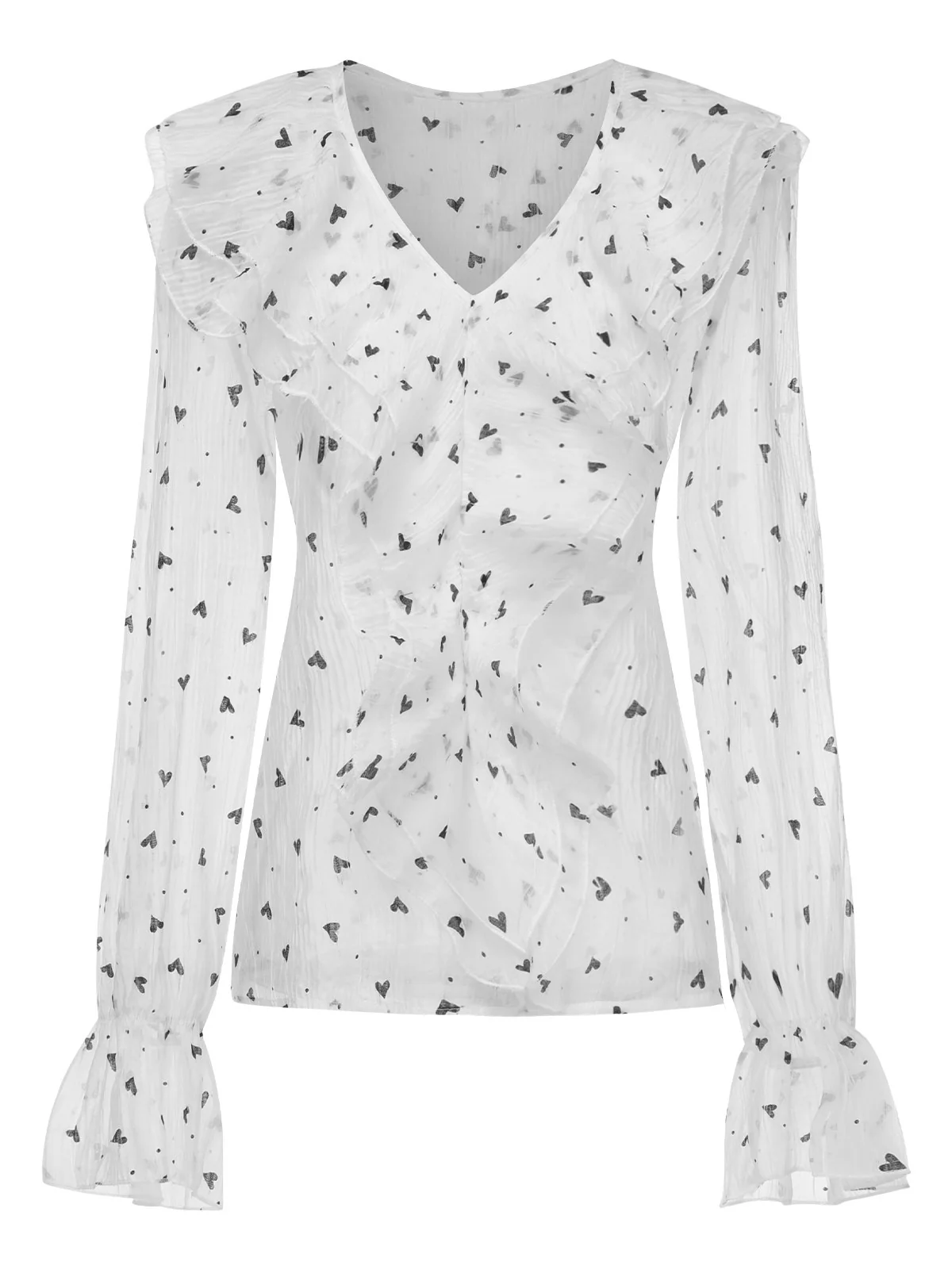 White 1940s Heart Dots Illusion Ruffle Blouse - Image 2