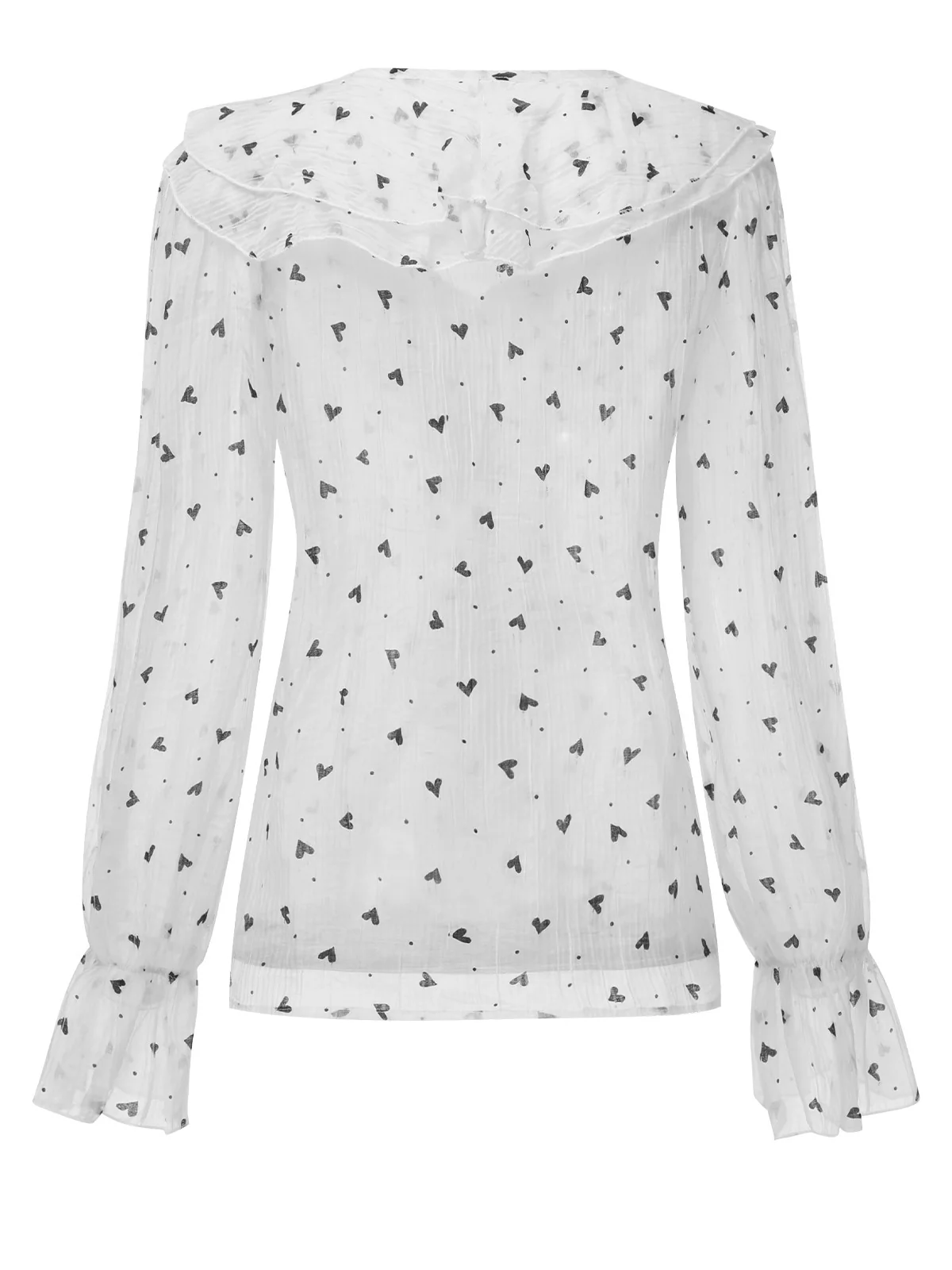 White 1940s Heart Dots Illusion Ruffle Blouse - Image 3