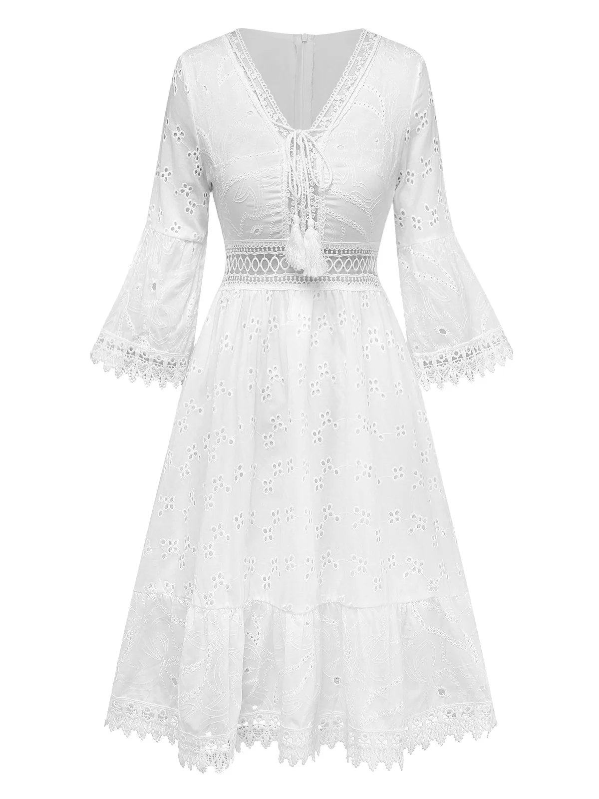 White 1940s Hollow Tassel Embroidered Cover-Up Dress - Image 2