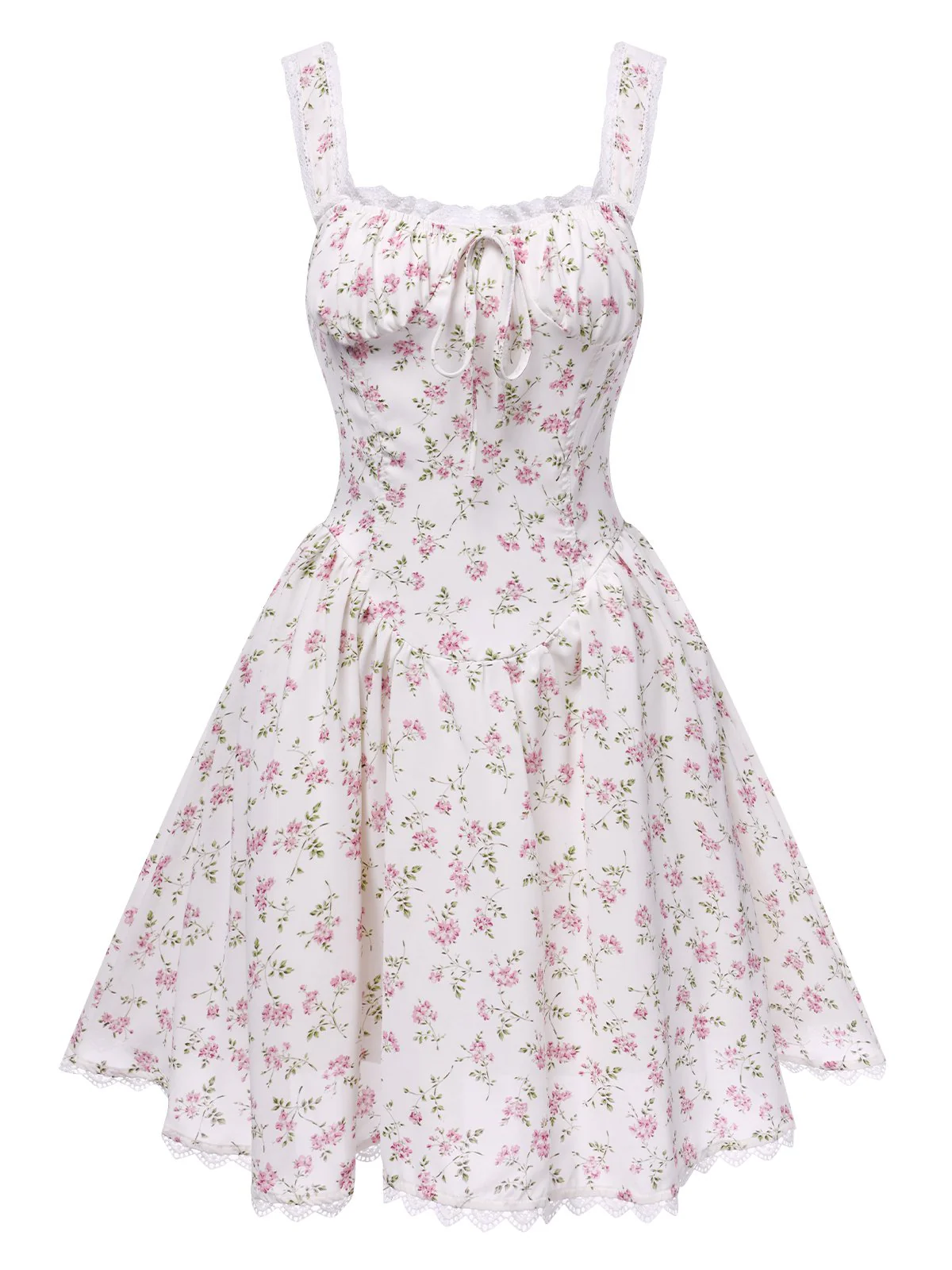 White 1940s Lace Trim Small Floral Dress - Image 2