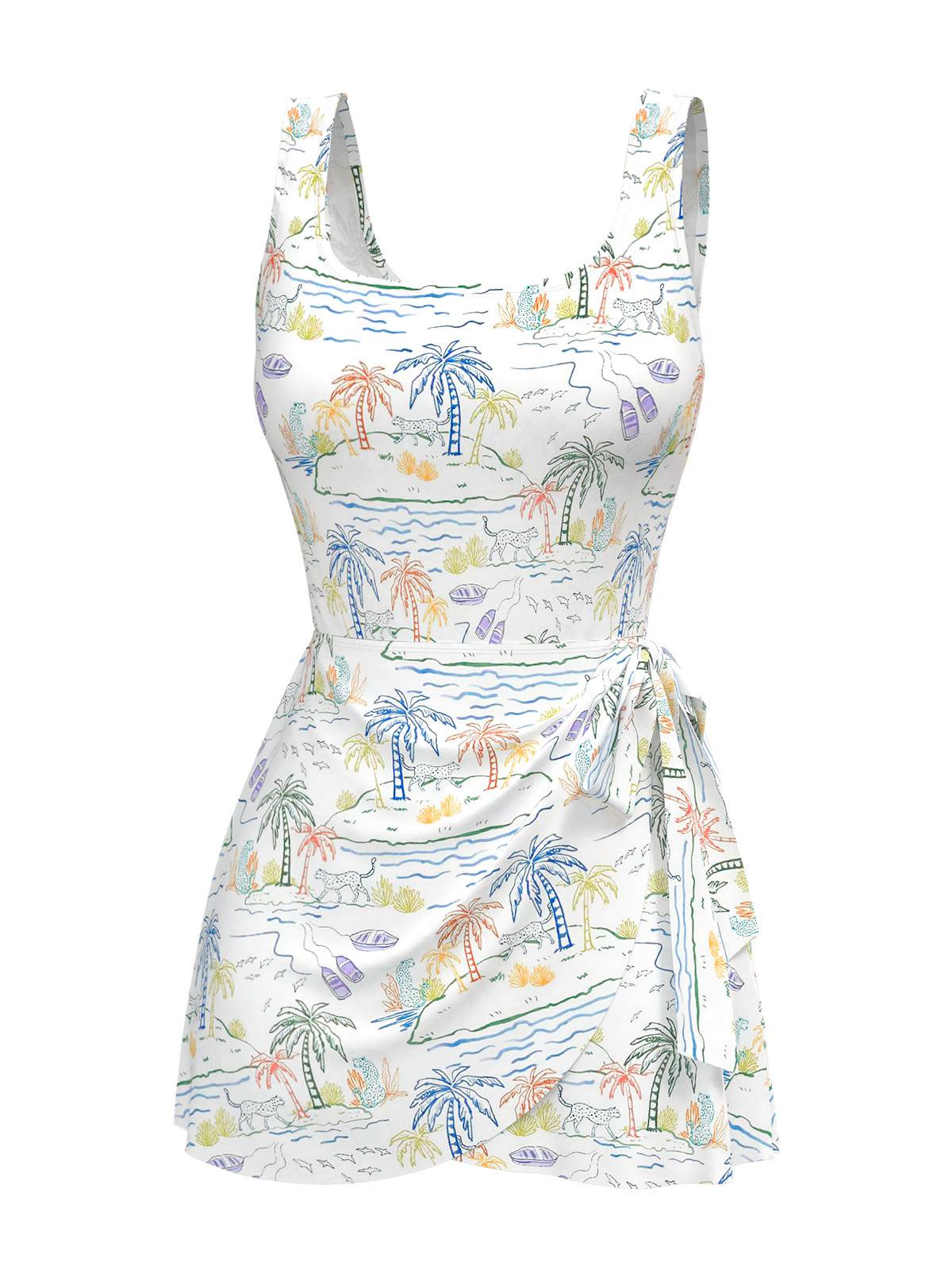 White 1940s Plant Print Square Neck Swimdress - Image 2