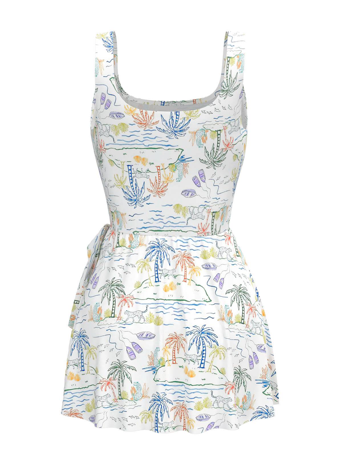 White 1940s Plant Print Square Neck Swimdress - Image 3