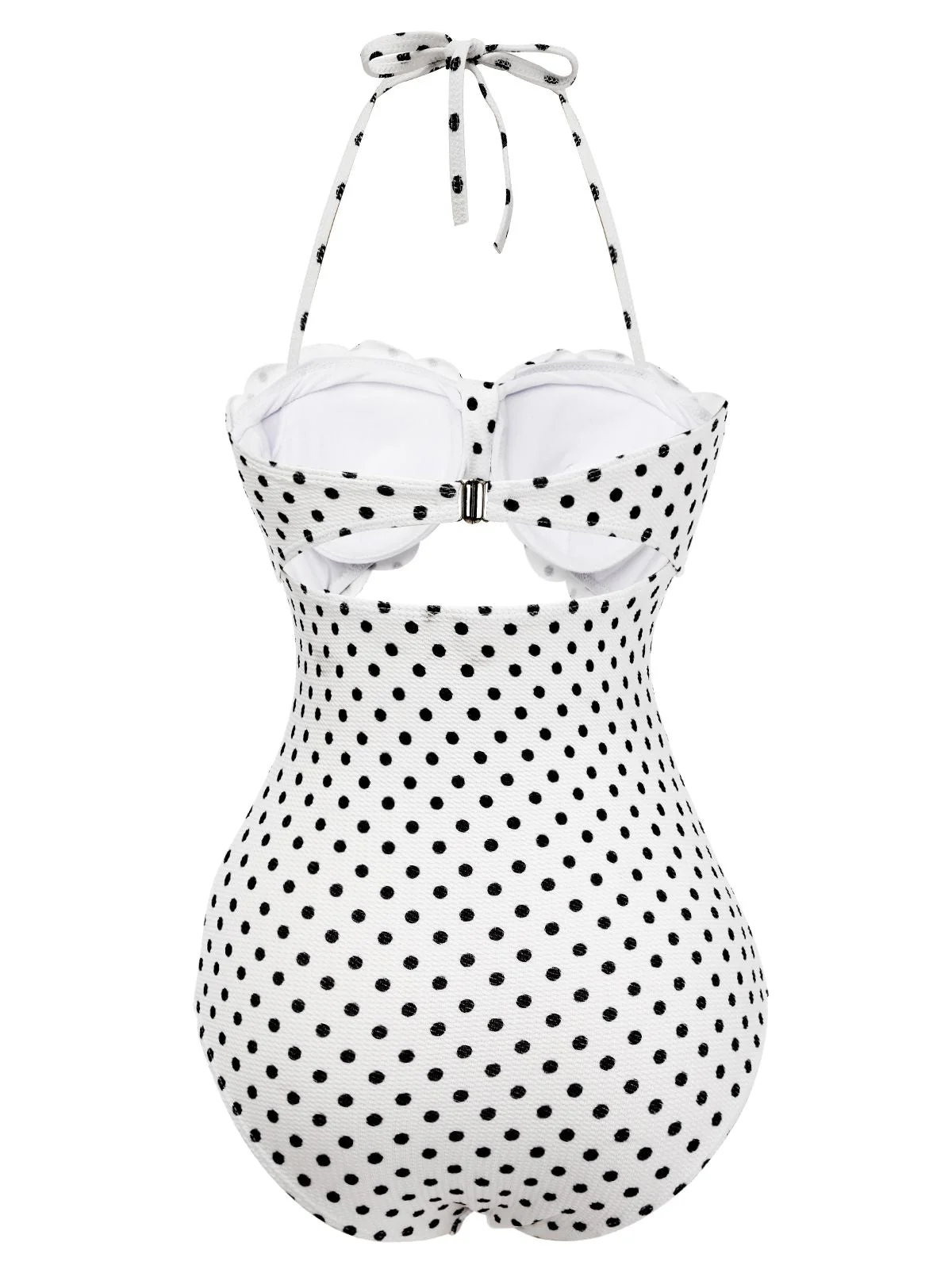 White 1940s Polka Dot Lace Up Halter Swimsuit - Image 3