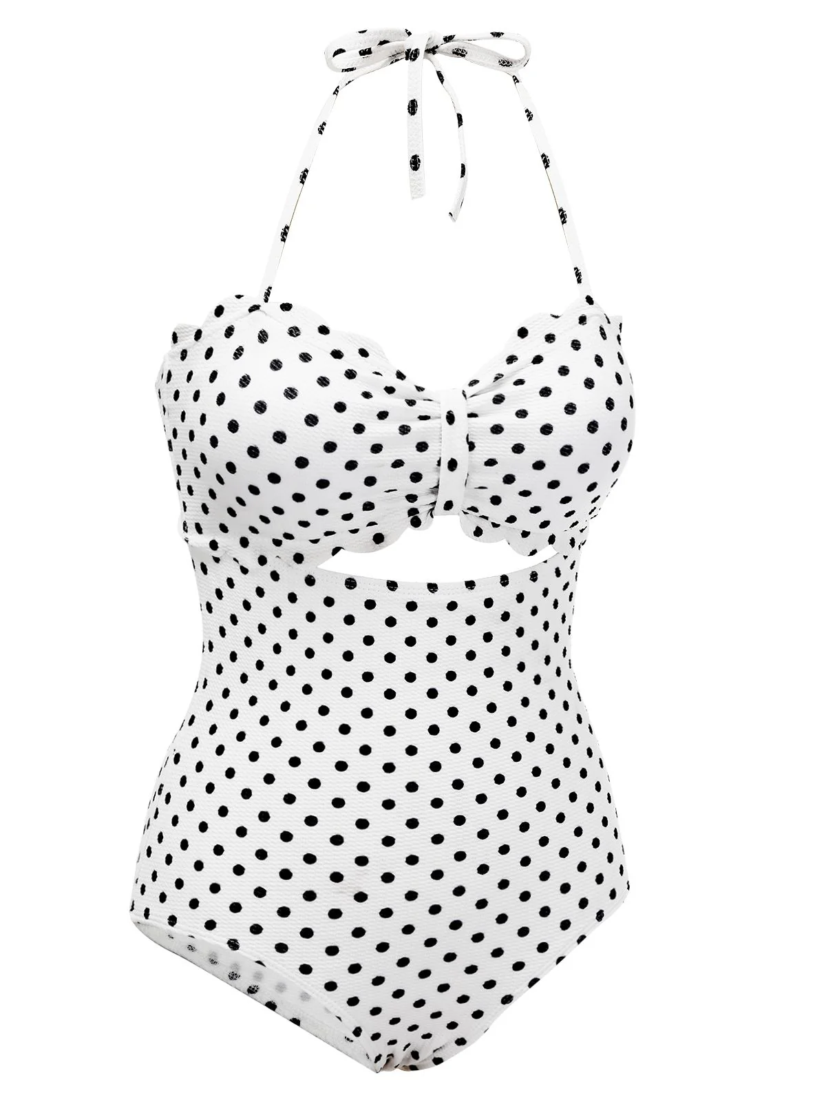 White 1940s Polka Dot Lace Up Halter Swimsuit - Image 2