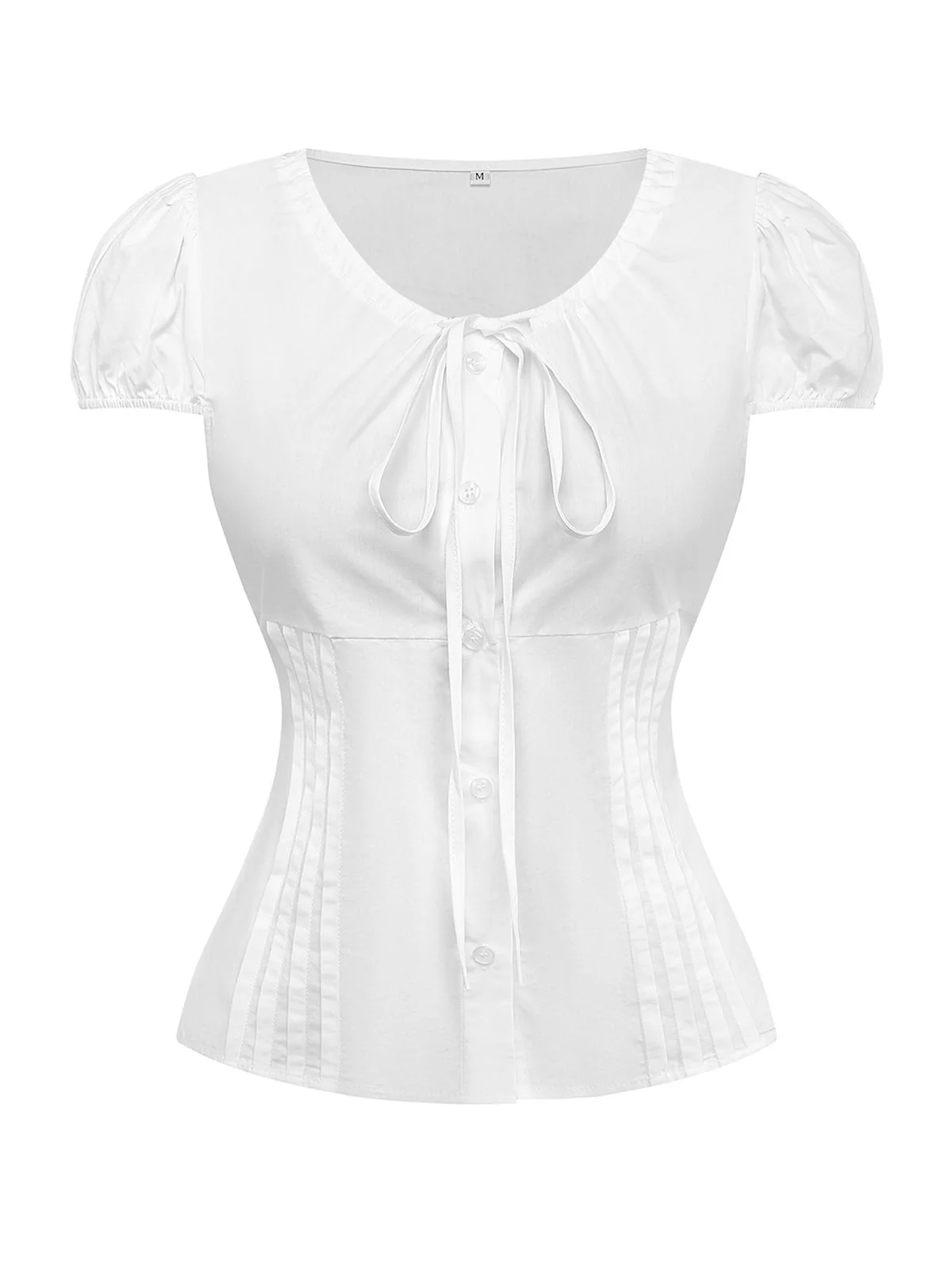 White 1940s Round Neck Fitted Waist Solid Blouse - Image 2