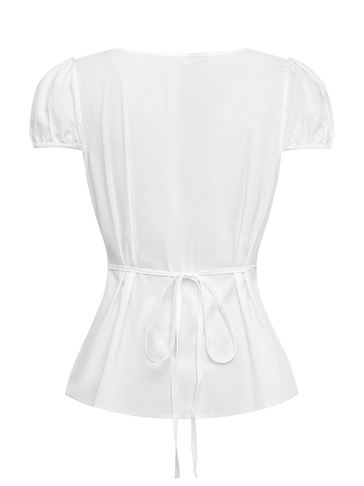 White 1940s Round Neck Fitted Waist Solid Blouse - Image 3