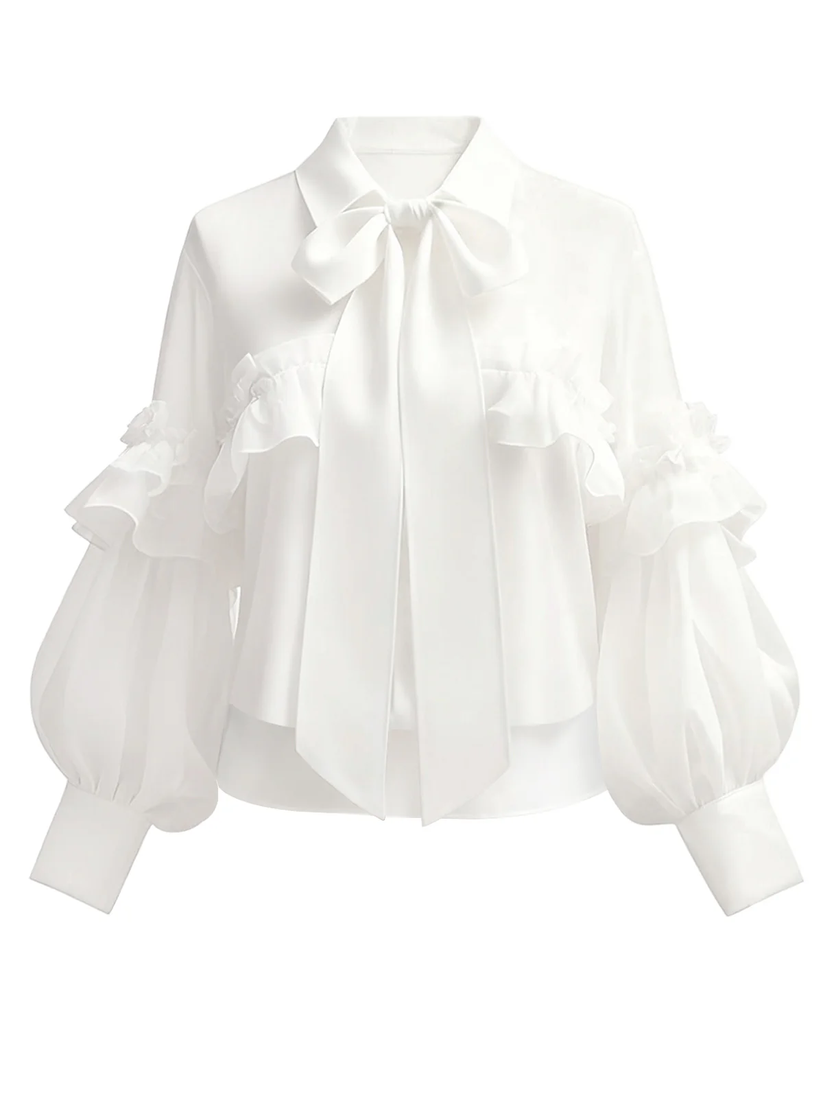 White 1940s Ruffle Lantern Sleeve Tie-Front Blouse - Image 3