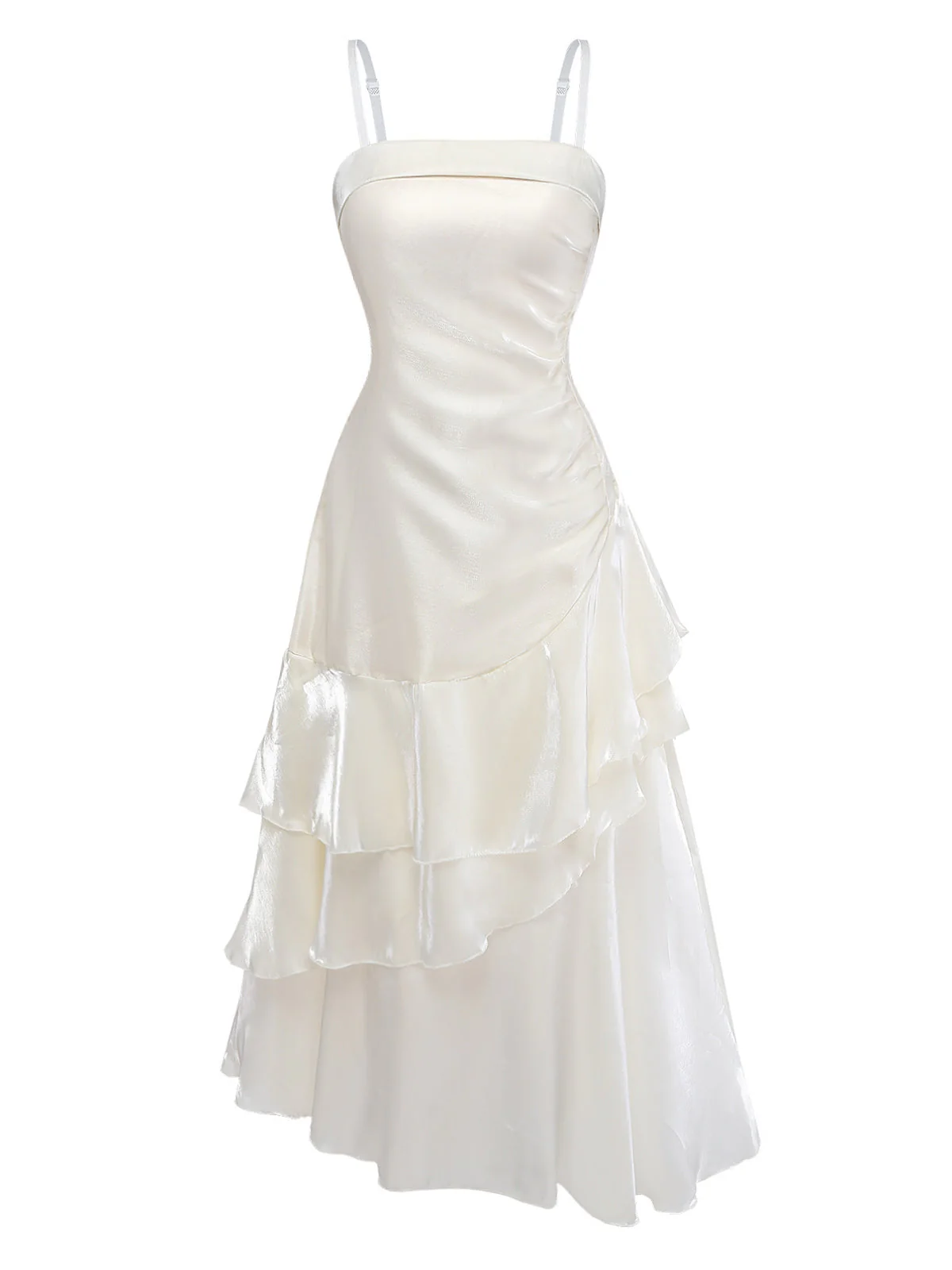White 1940s Satin Tiered Spaghetti Strap Ruched Dress - Image 2
