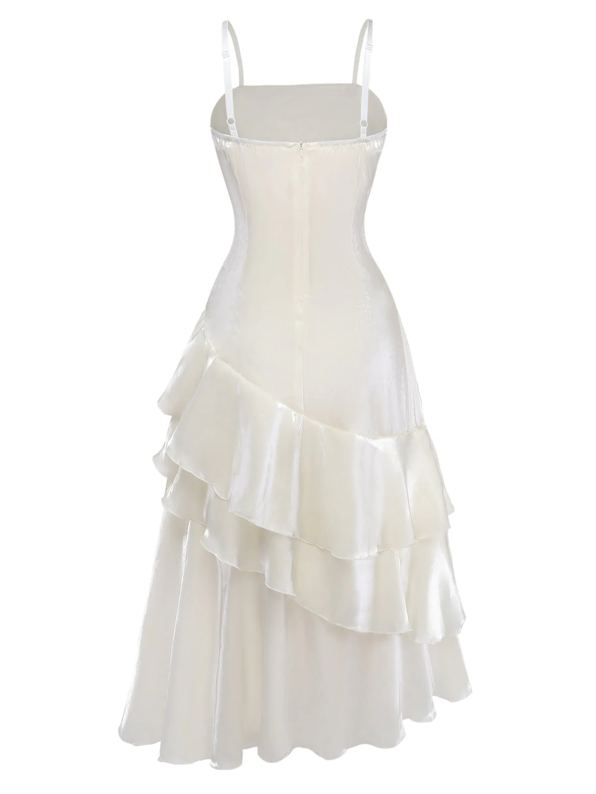 White 1940s Satin Tiered Spaghetti Strap Ruched Dress - Image 3